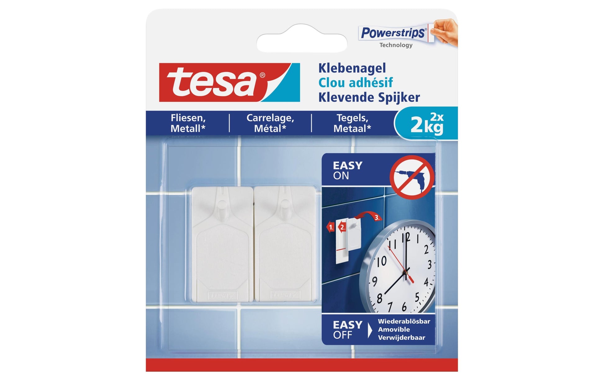 TESA Klebenagel für Fliesen/Metall – bis 2 kg, Weiss, Innen