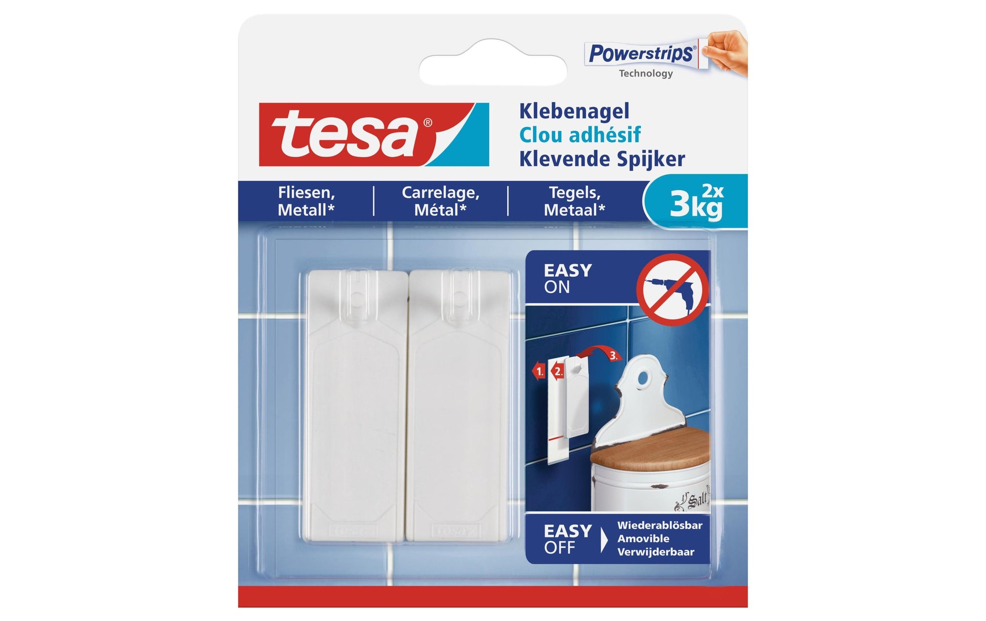 TESA Haken - weiss - selbstklebend - 3 kg - für Fliesen & Metall - 2 Stück