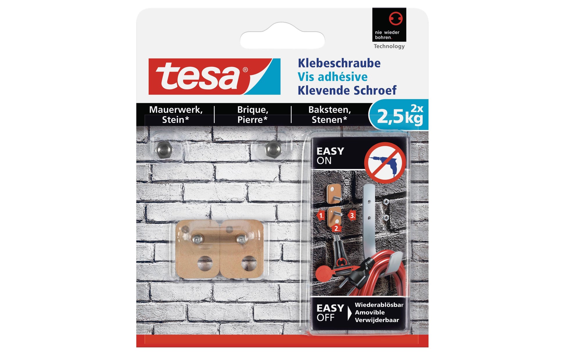 TESA Klebeschraube für Mauerwerk/Stein – bis 2,5 kg, 2 Stk., Grau, Innen & Aussen