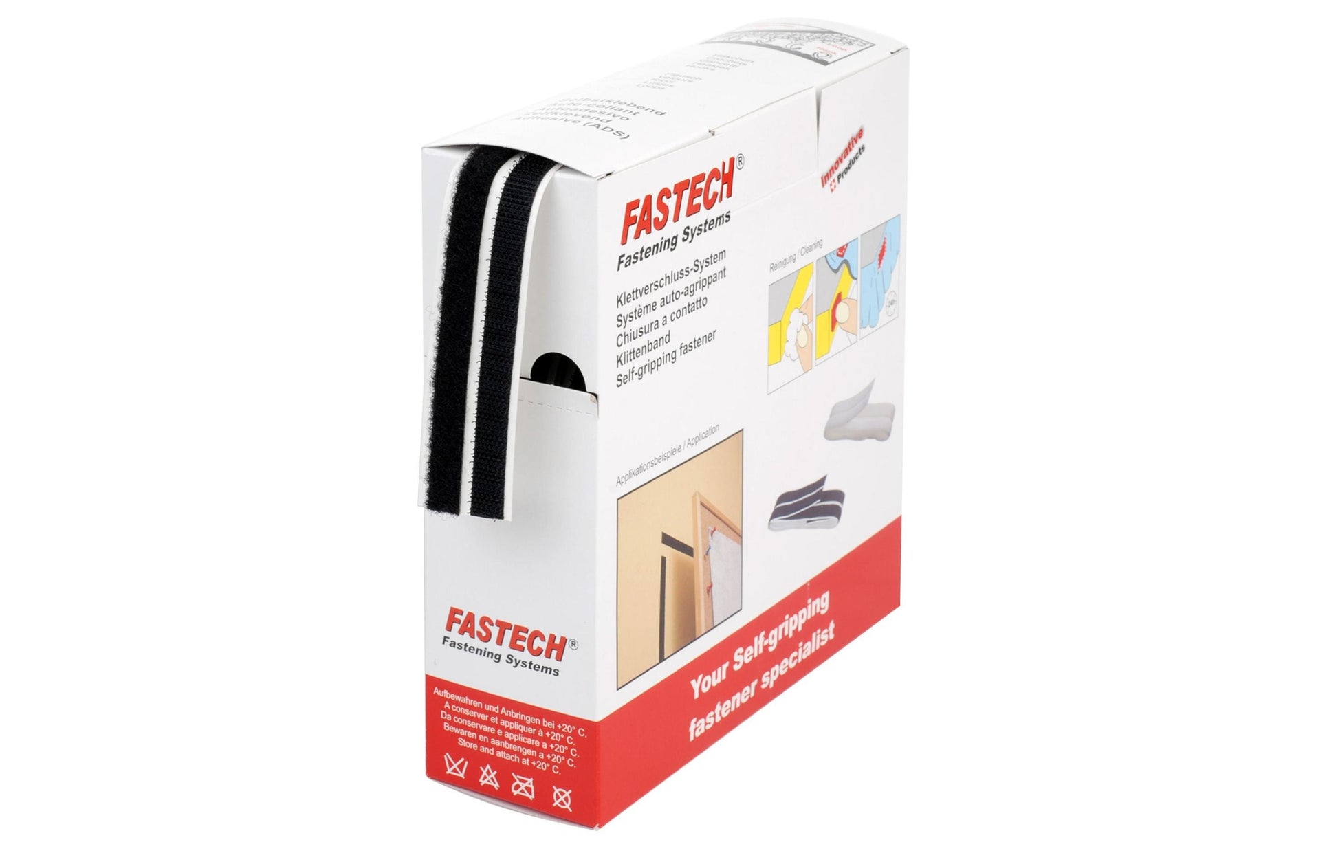 FASTECH Klettband, Kunststoff, schwarz, selbstklebend – 10 mm × 10 m – 1 Stück