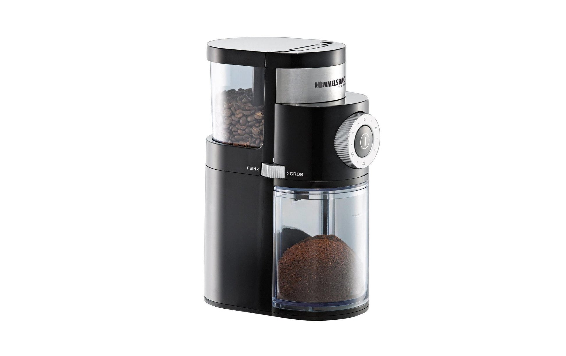 Rommelsbacher Kaffeemühle EKM 200 – Scheibenmahlwerk, 250 g, 110 W, Schwarz