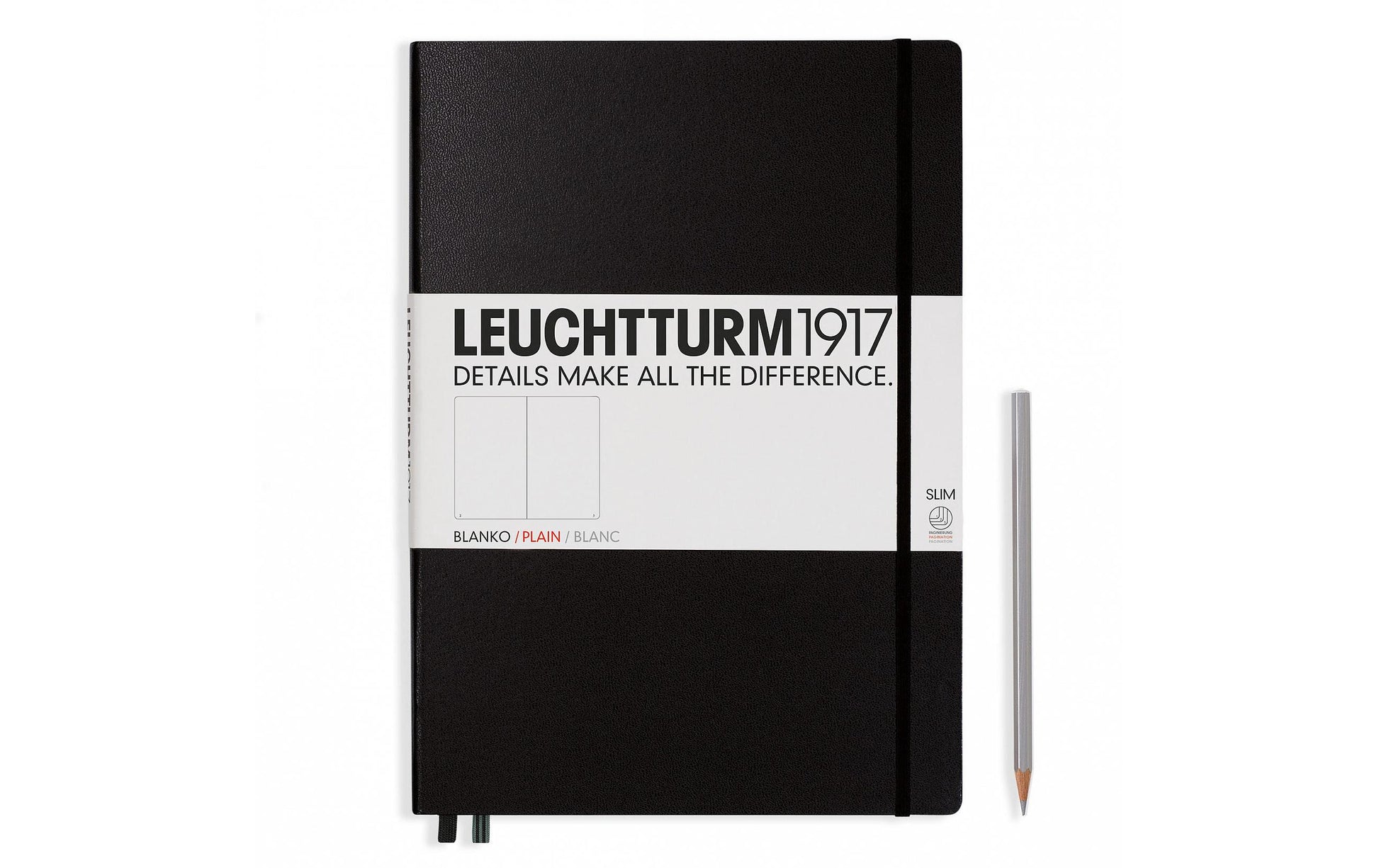 Leuchtturm Master Slim Notizbuch – A4+ – blanko – 121 Seiten – Hardcover, Einstecktasche, 1 Lesezeichen, schwarz