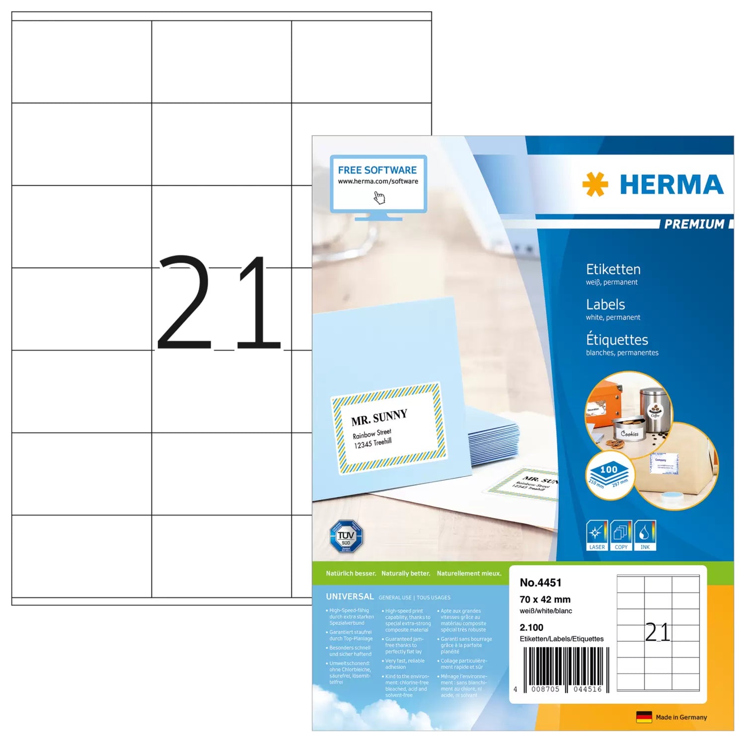 HERMA Bogenetiketten, 70 mm × 42 mm, weiss, Papier, permanent, für Kopierer, Laser- und Inkjetdrucker