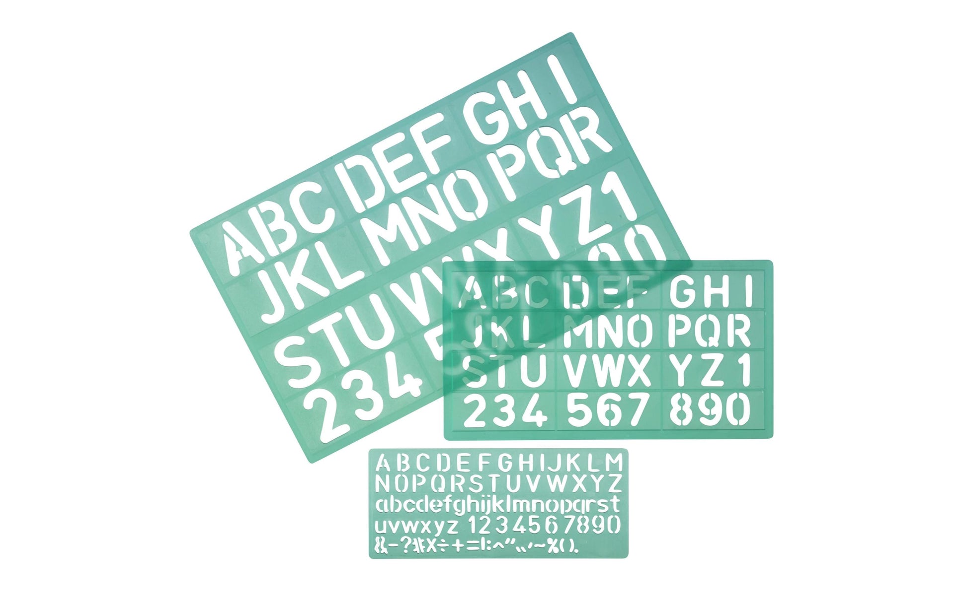 Linex Schriftschablone – Zeichenhöhe 10/20/30 mm, Kunststoff, grün, 3-teiliges Set, mit Tuschenoppen