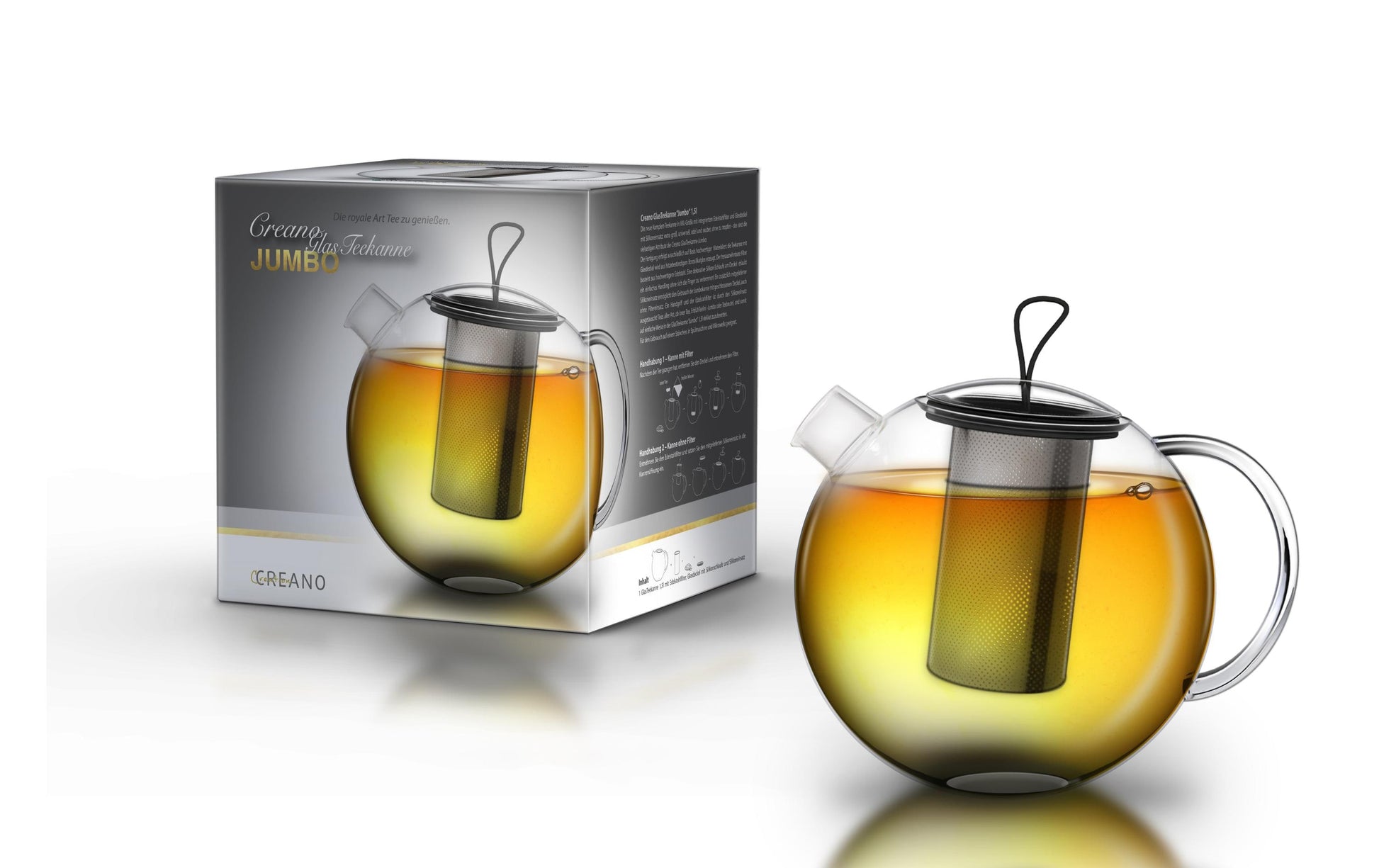 Creano Teekanne – 3-teiliges Set, 1,5 l, Borosilikatglas, transparent, mit Deckel, Edelstahlfilter