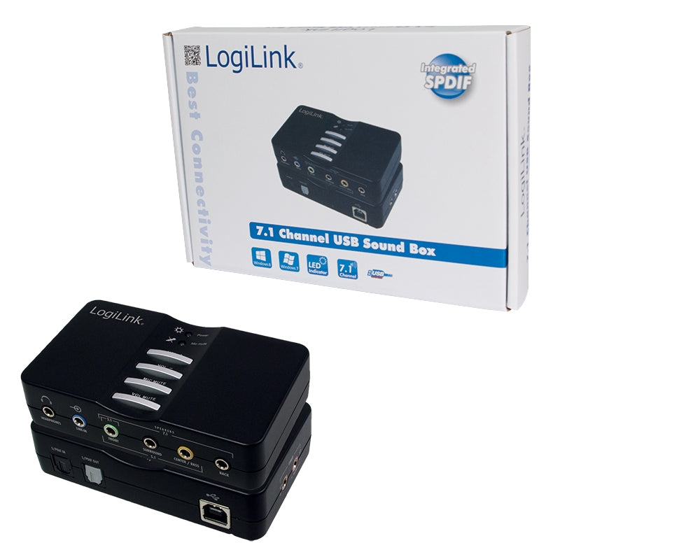 LogiLink USB-Soundbox – 7.1 (8 Kanäle), USB, S/PDIF Ein-/Ausgang, Line-In, 1× Kopfhörer – Schwarz