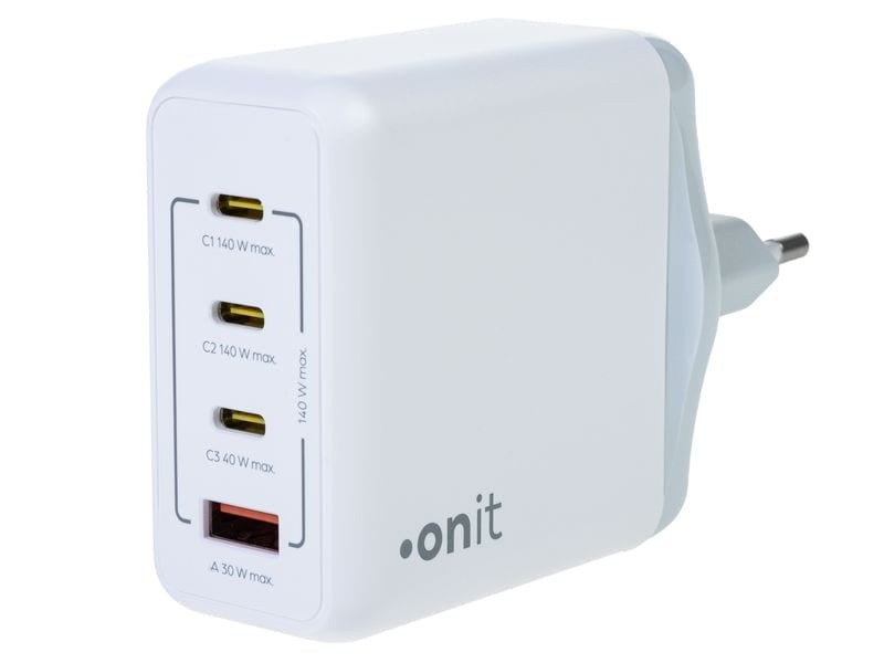 ONIT Netzteil (EU) – 140 W, 3× USB-C + 1× USB-A, PD, PPS, QC, GaN – für Smartphones, Tablets, Laptops