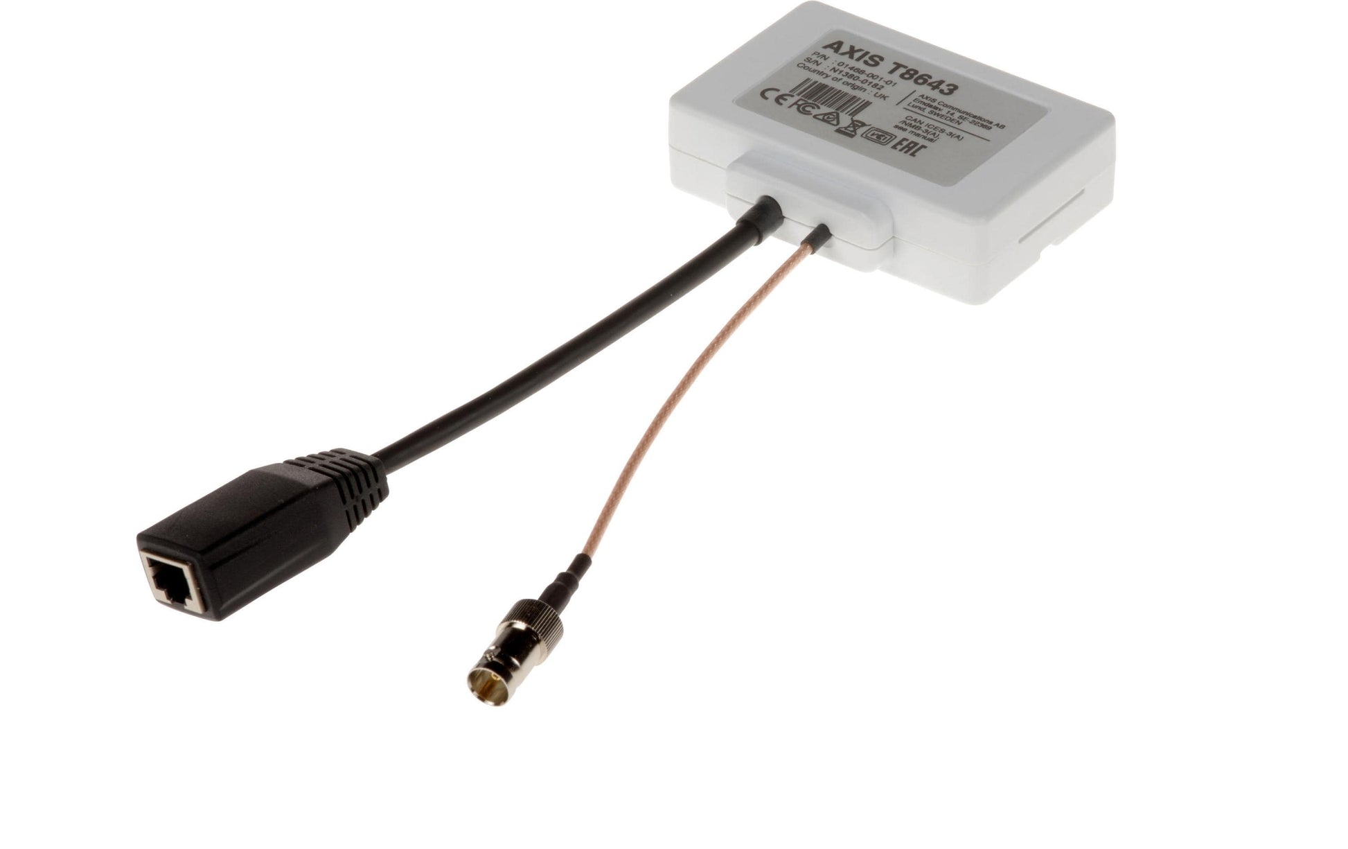 Axis T8643 Medienkonverter RJ-45 zu BNC – PoE+, IP44, Plug & Play – für AXIS T8645/T8648 – Schwarz/Weiss