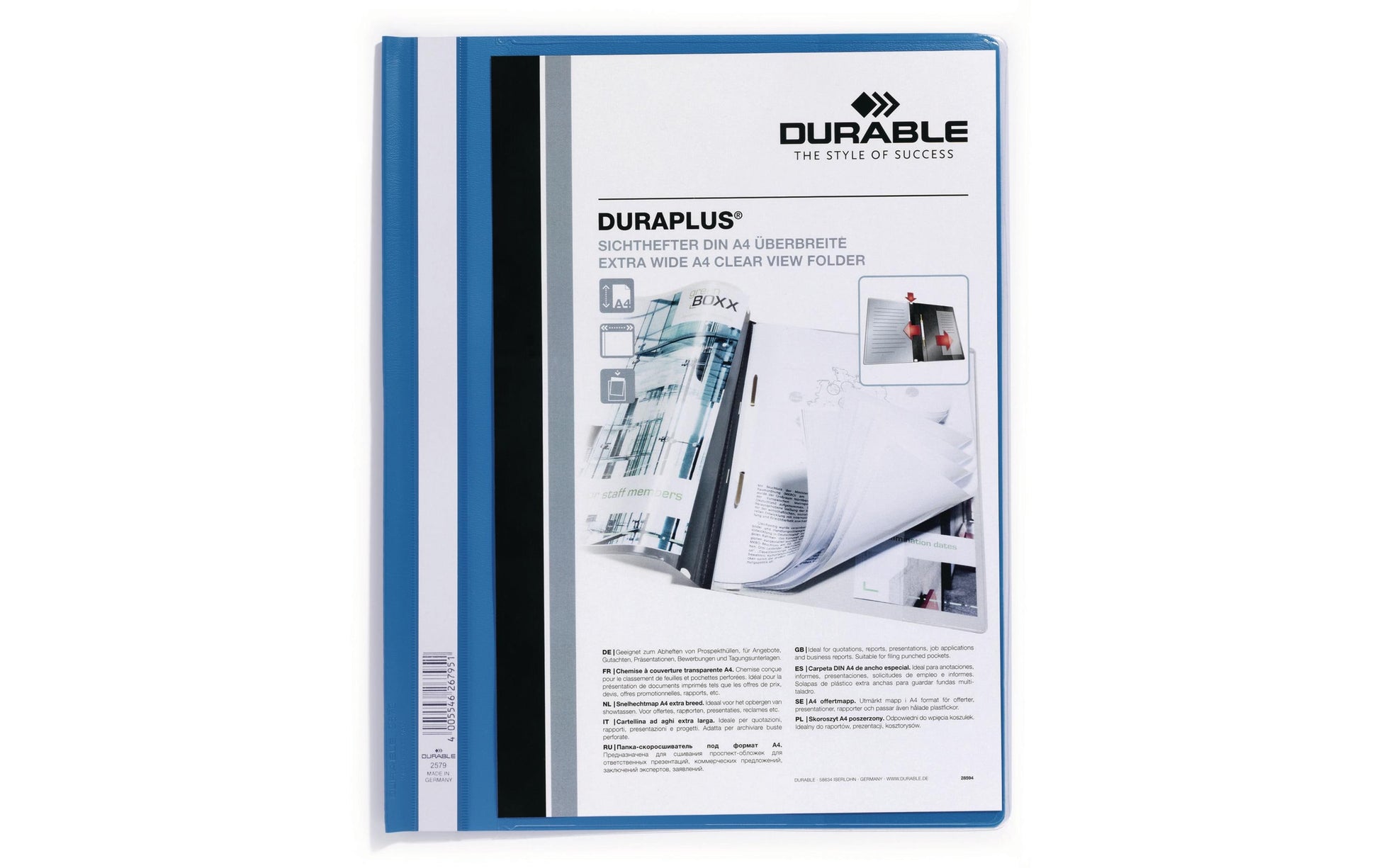 Durable Schnellhefter Duraplus – A4, PP, Blau, Beschriftungsfeld