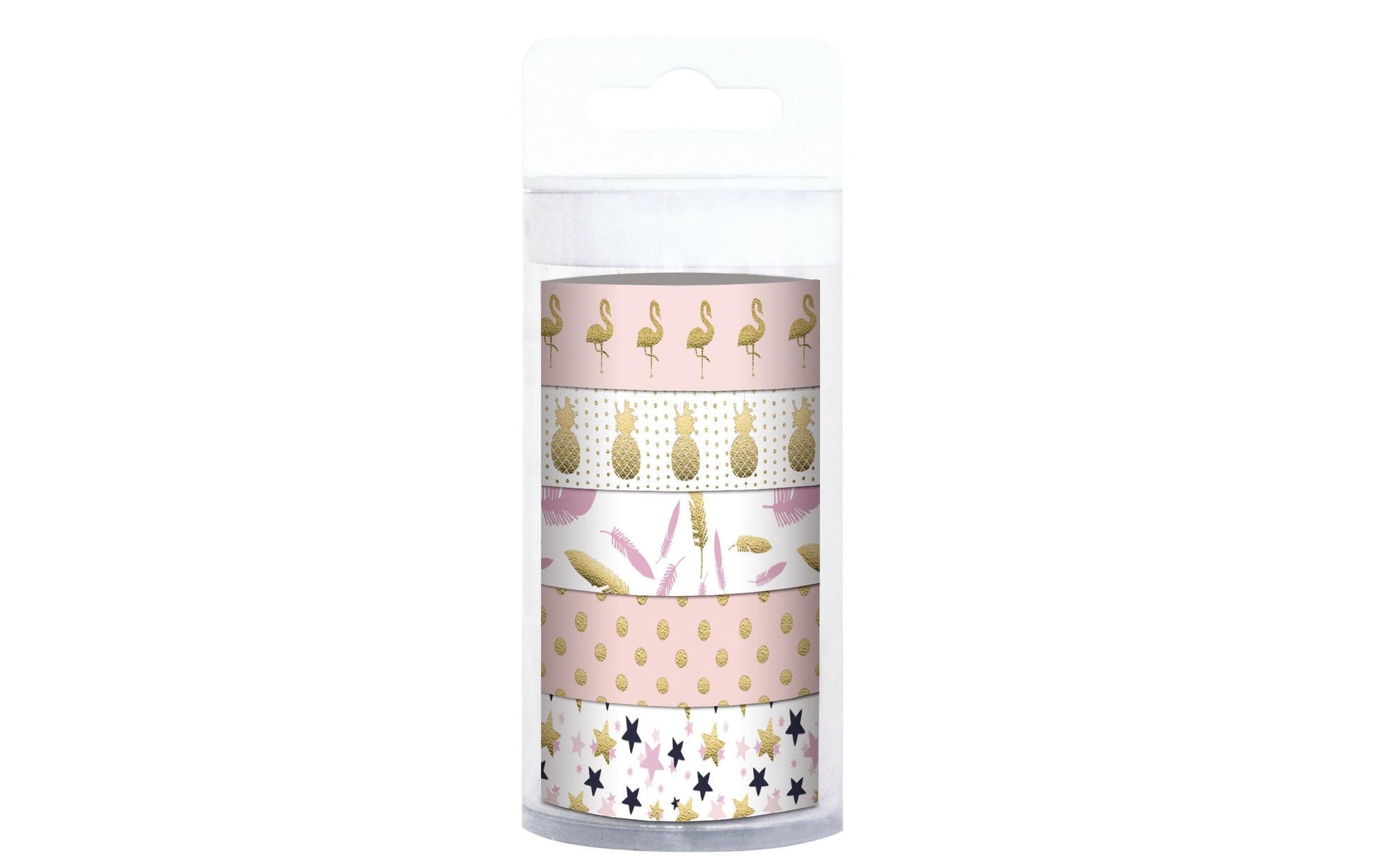 URSUS Washi Tape Tropic Flamingo – 15 mm × 10 m, gold, pink – 5 Rollen, Papier