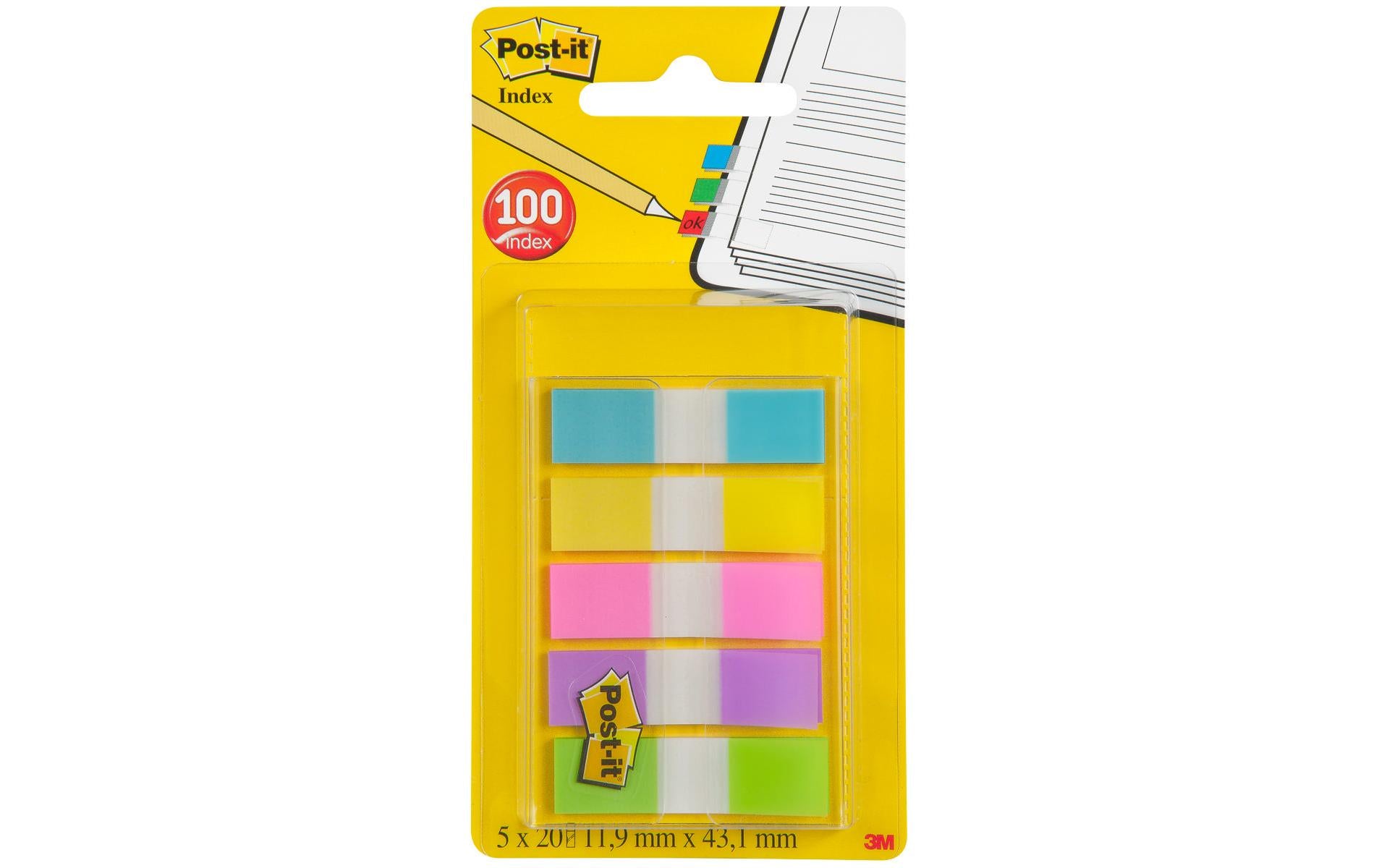 Post-it Schmale Indexstreifen – 11,9×43,2 mm – sortiert, 5×20 Stück, mit Dispenser, Kunststoff