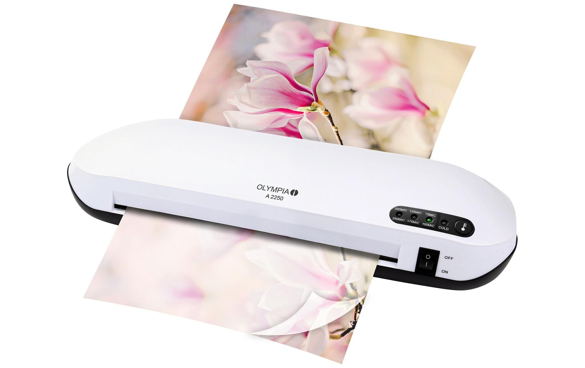 Olympia A 2250 – Heiss/Kalt-Laminator, für A4, bis 250 µm, 350 mm/min, 5 min Aufwärmzeit, 2 Rollen