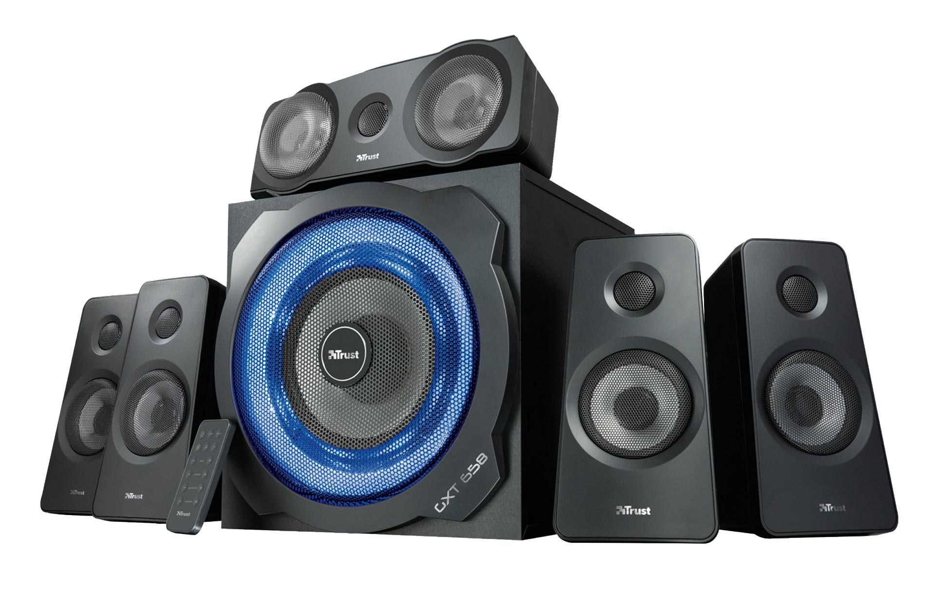 Trust GXT 658 Tytan – PC-Lautsprecher-Set – 5.1, 90 W, mit aktivem Subwoofer, 3,5 mm Klinke, Blau, Schwarz