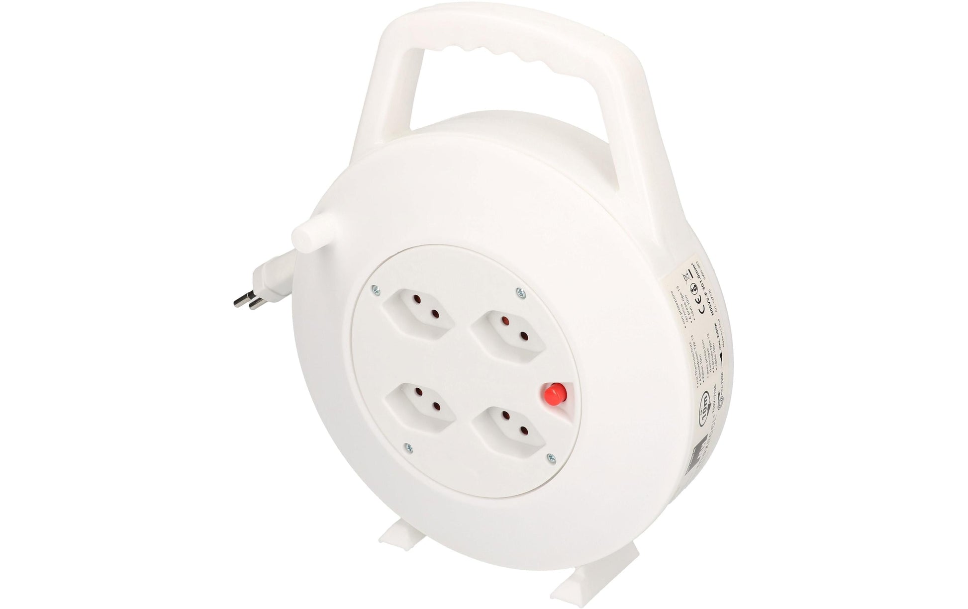 Max Hauri AG Max Hauri Kabelrolle, 10 m, 4×T13, IP20, Traggriff, Überhitzungsschutz, Kinderschutz, Eingang T12 – Weiss