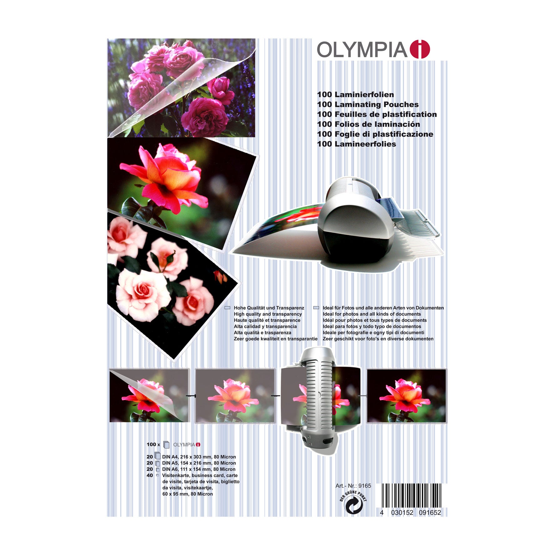 Olympia Laminierfolien A4, A5, A6, 60 × 95 mm – 80 µm, glänzend, 100 Stück