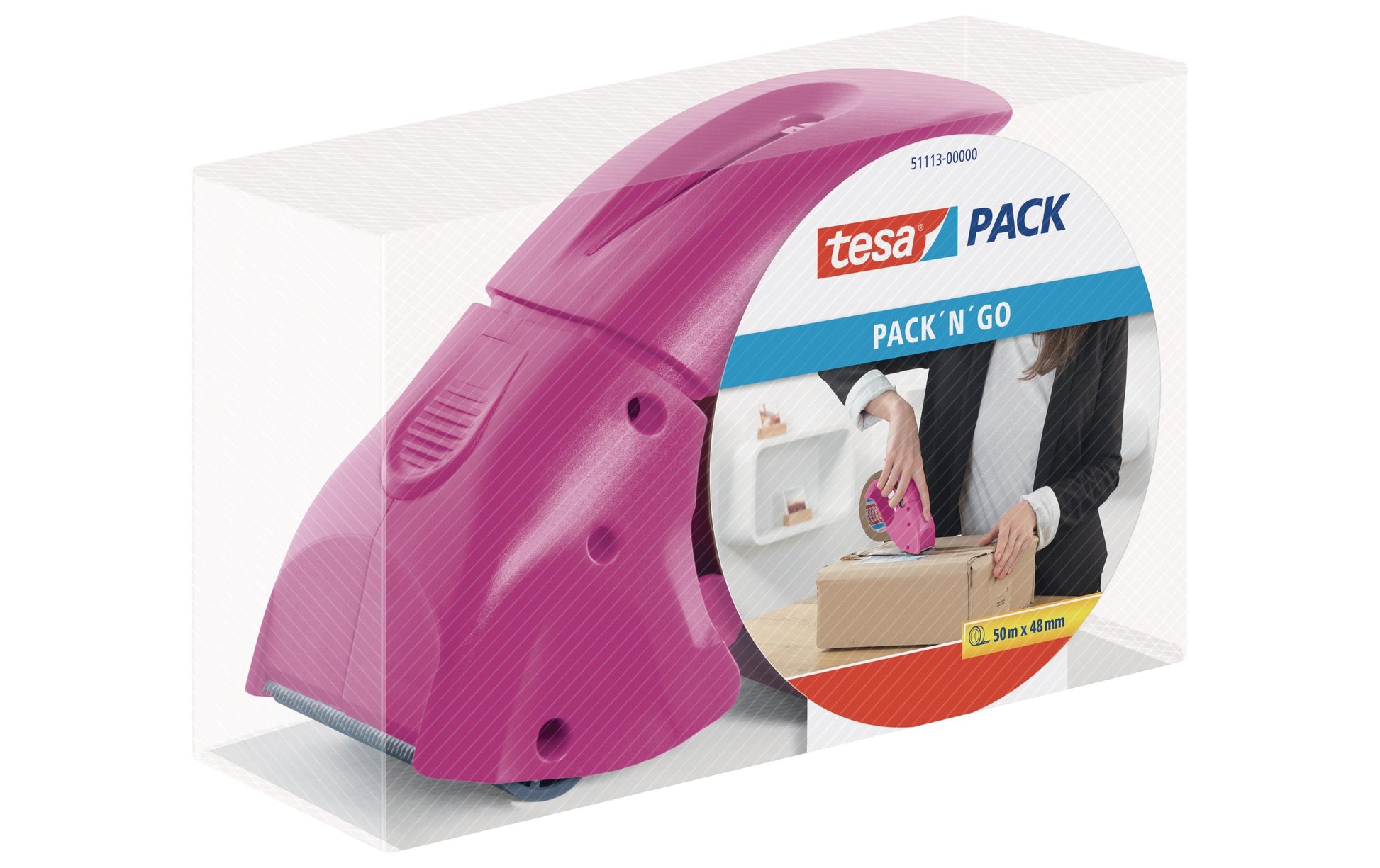 tesa Verpackungsbandabroller Pack'n'Go – für Rollenbreite bis 50 mm, für Bandlänge bis 66 m, mit Bremse