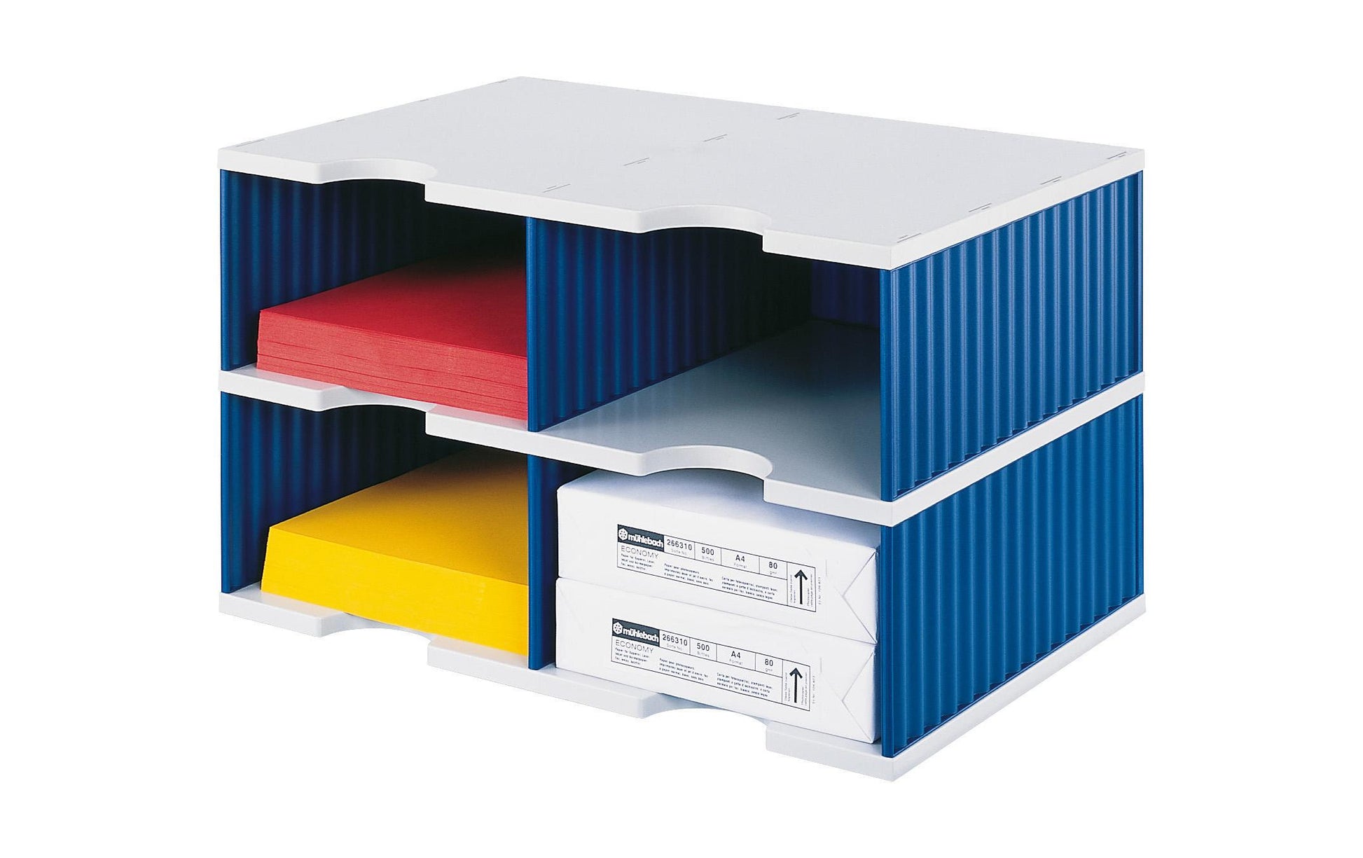Styro Briefkorb – für C4, 4 Fächer, stapelbar, mit Griffausschnitt, blau/grau, B 485 × H 293 × T 331 mm