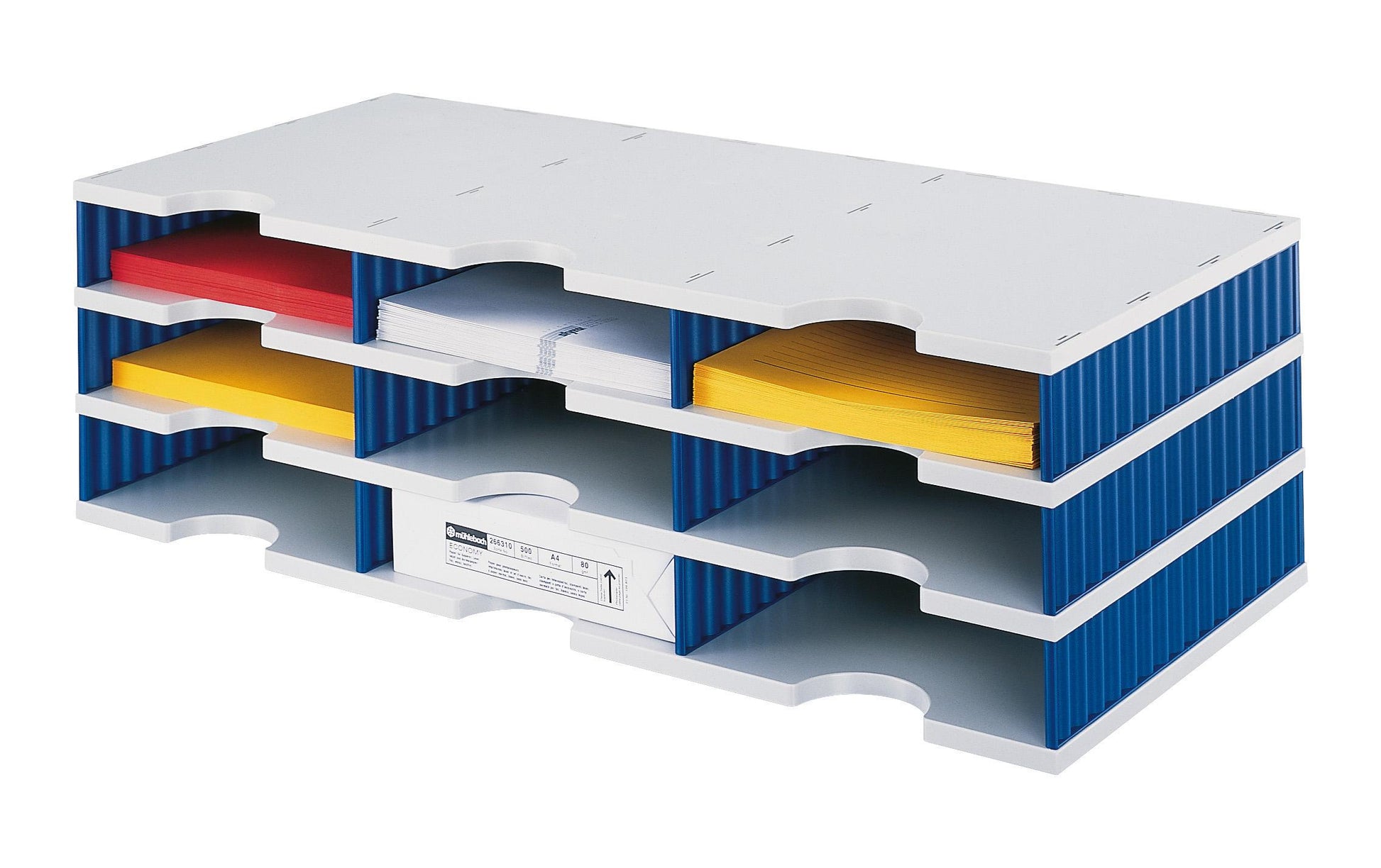 Styro Briefkorb – Kunststoff, 9 Fächer, Blau, Grau, B 723 × H 223 × T 331 mm, Serie Styrodoc trio