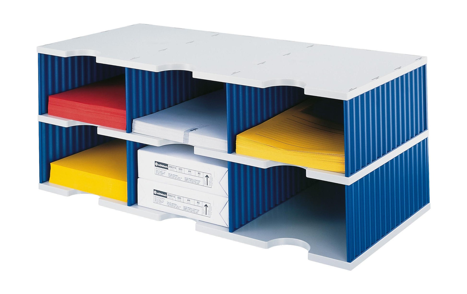 Styro Briefkorb – mit Griffausschnitt, mit Beschriftungsfeld, blau/grau, B 723 × H 293 × T 331 mm