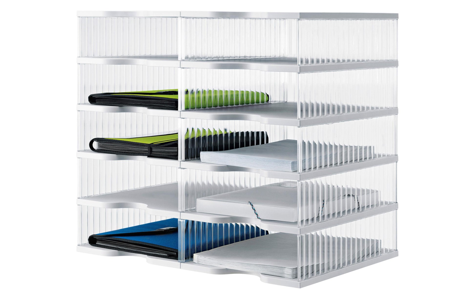 Styro Briefkorb – mit Beschriftungsfeld, transparent, B 600 × H 528 × T 400 mm, Serie Duo-Tower