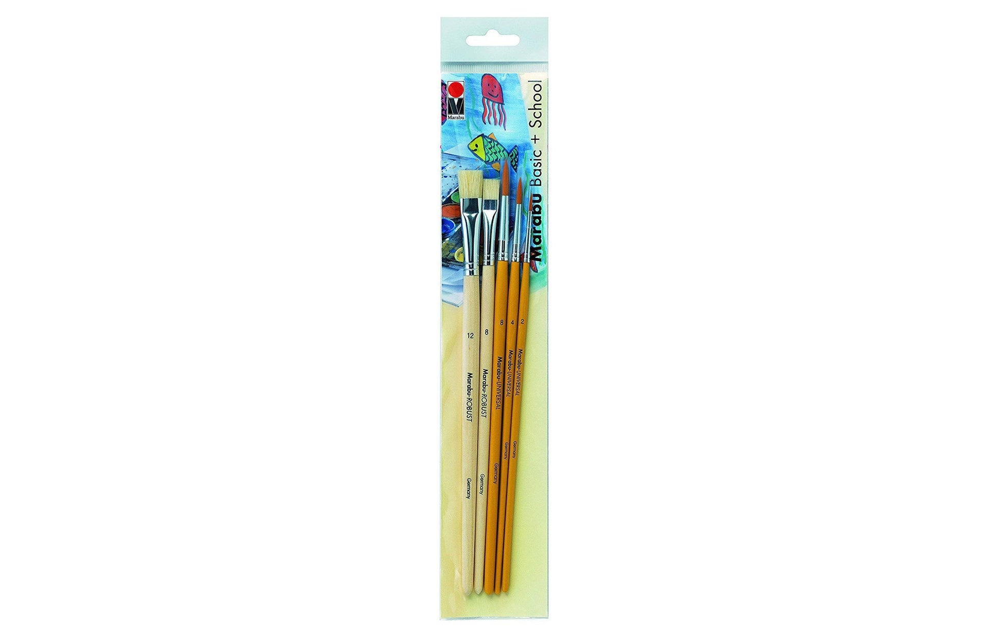 Marabu Basic + School – Pinsel-Set – Sortiert, Borsten, Holzgriff, Beige, Orange, Grösse 2/4/8/12, 5er-Set