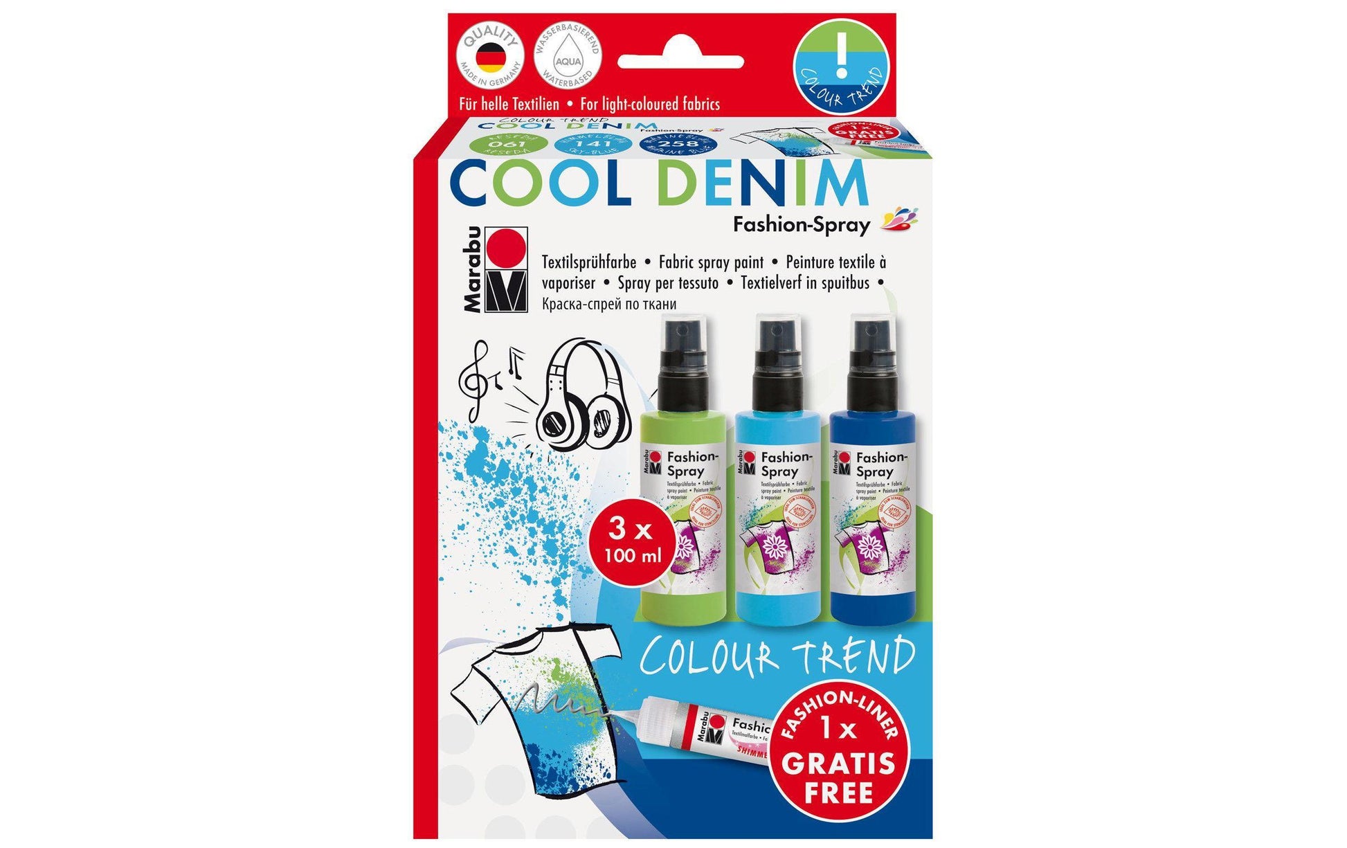 Marabu Farbspray – Himmelblau, Marineblau, Reseda, Schimmer-Silber – 4 Farben (4×100 ml, 1×25 ml) – für Stoff