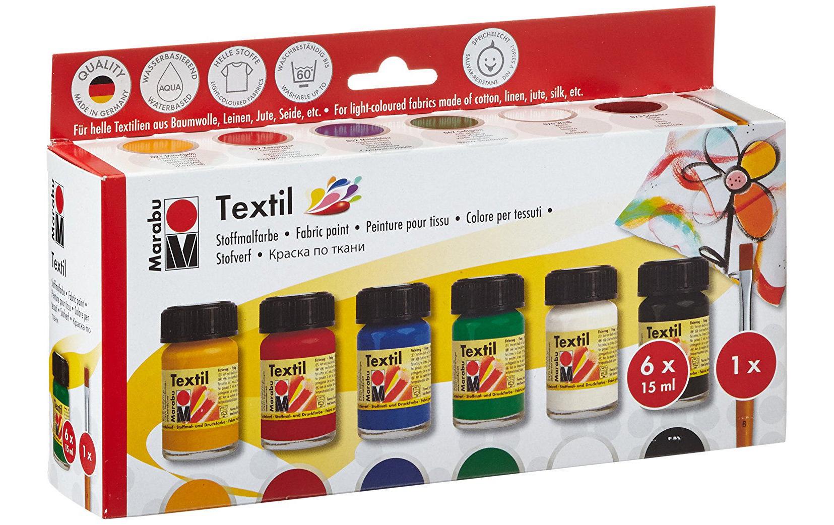 Marabu Stoffmalfarbe – Set – 6 Farben, 6 × 15 ml, inkl. Pinsel, für Textilien