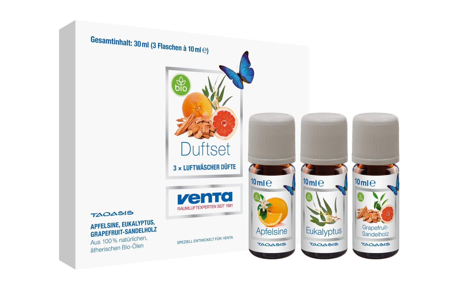 Venta Bio-Duftset 1 – Duftöl-Set, Apfelsine, Eukalyptus, Grapefruit, 3 × 10 ml