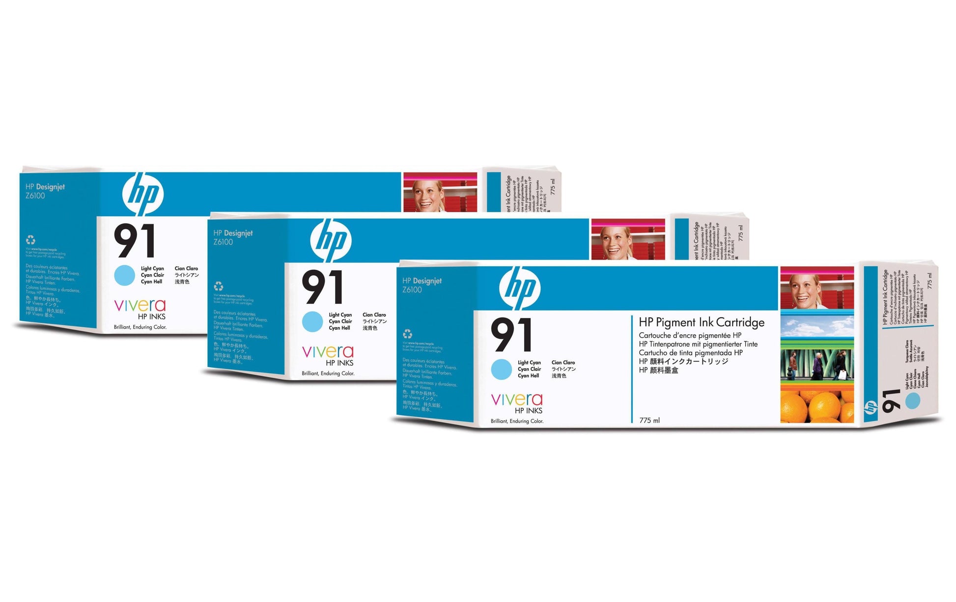 HP Tintenpatronen-Multipack 91 (C9486A), Cyan, 3er-Pack, Original – für Designjet Z 6100