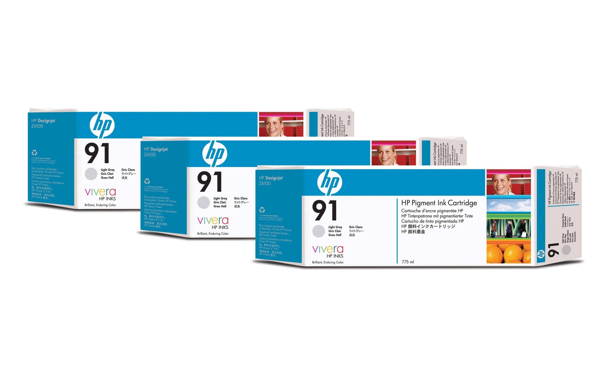 HP Tintenpatronen-Multipack 91 (C9482A), Hellgrau, 3er-Pack, Original – für Designjet Z 6100