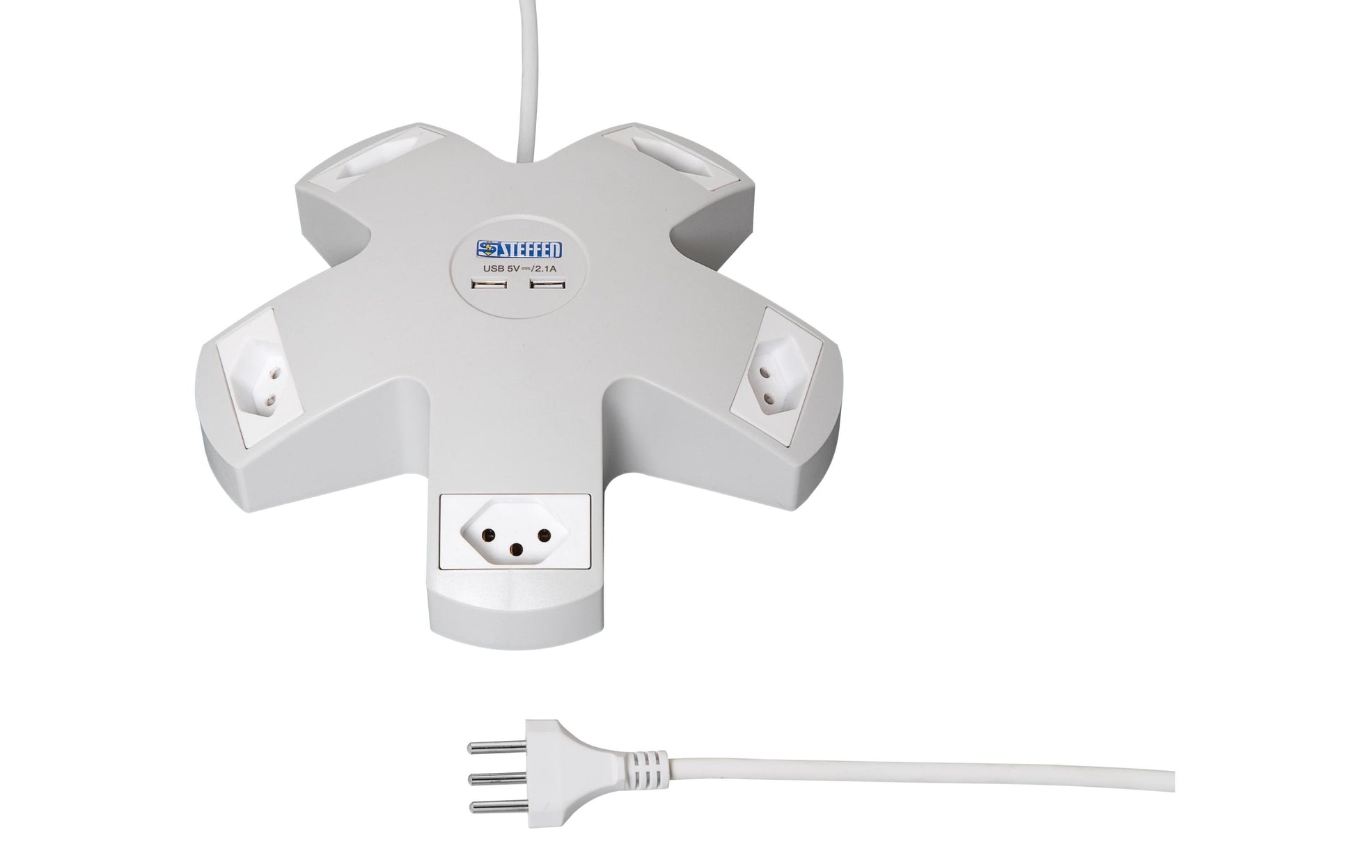 Steffen STEBA Steckdosenleiste, 5×T13, 2×USB‑A 5 W, ohne Schalter, 3 m, Eingang T12 – weiss