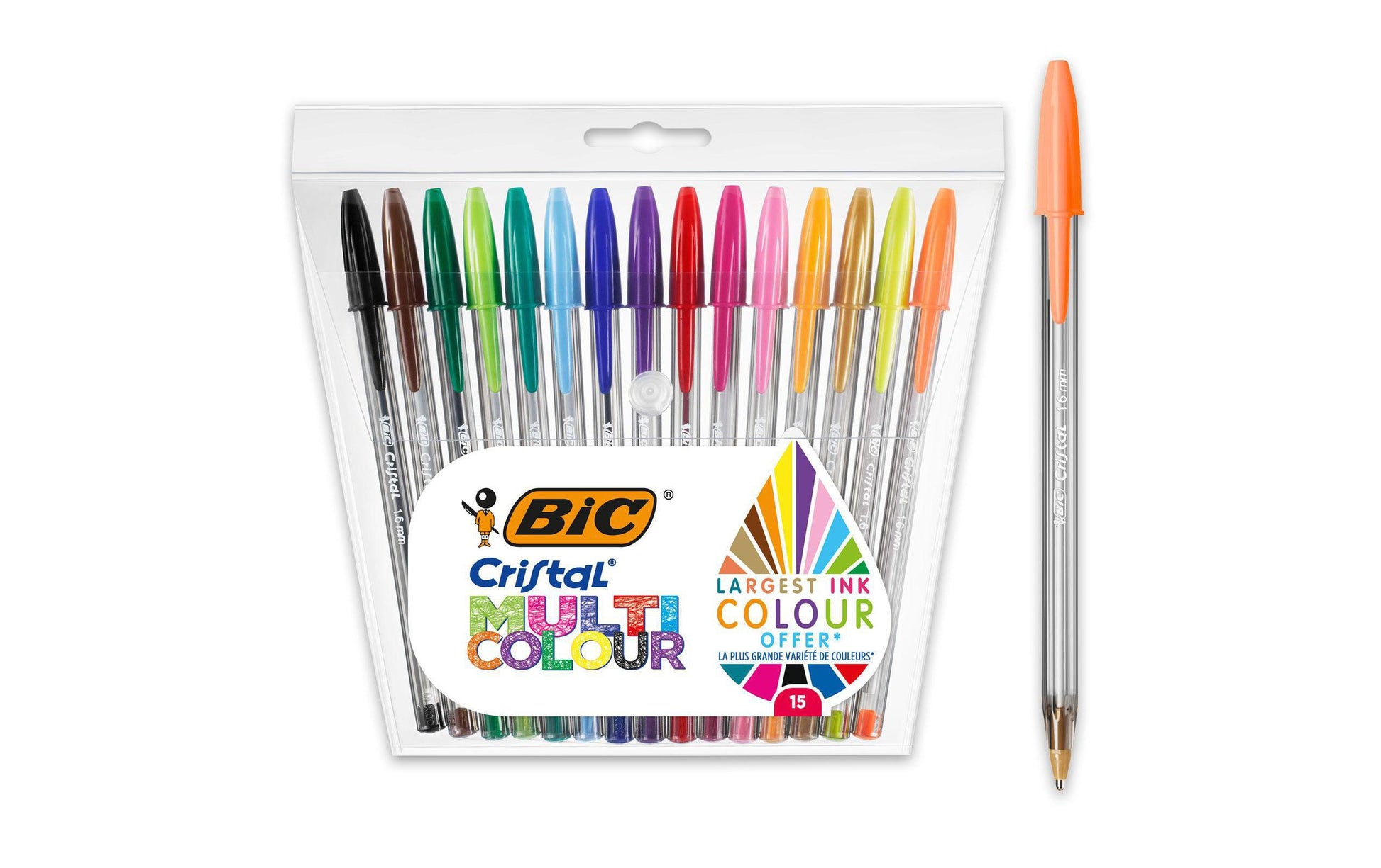 BIC Cristal Multi Colour Kugelschreiber – 15er Pack, Mehrfarbig, Spitze 0,3 mm, Deckel