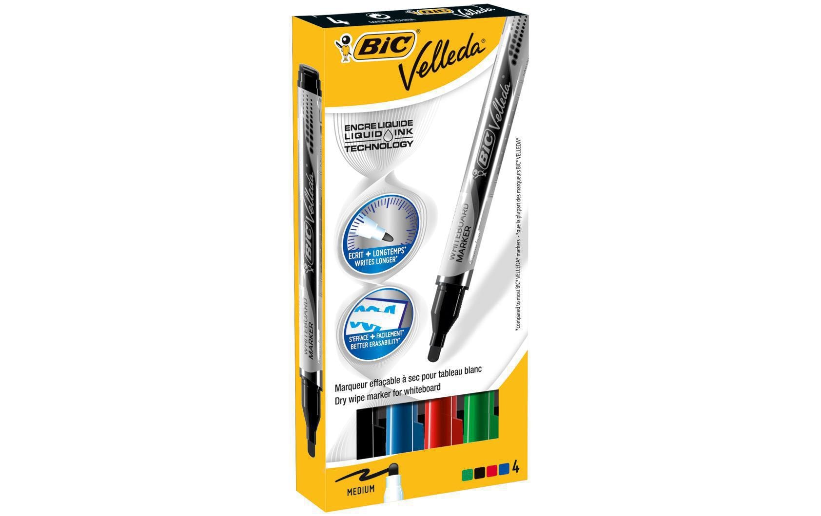 BIC Whiteboard-Marker – Rundspitze, 4 Farben, 4 Stück, trocken abwischbar, geruchsarm – für Whiteboards