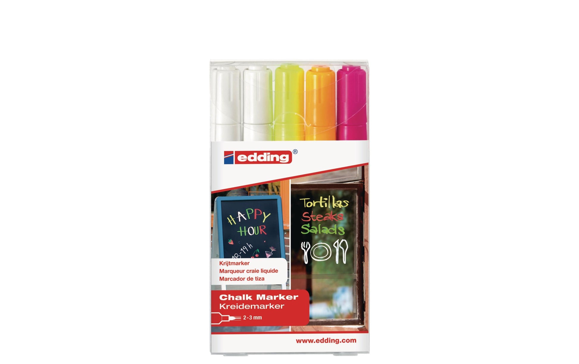 Edding Kreidemarker 4095 – Rund, 2–3 mm – 5er-Set, Farben sortiert (weiss×2, neongelb, …)