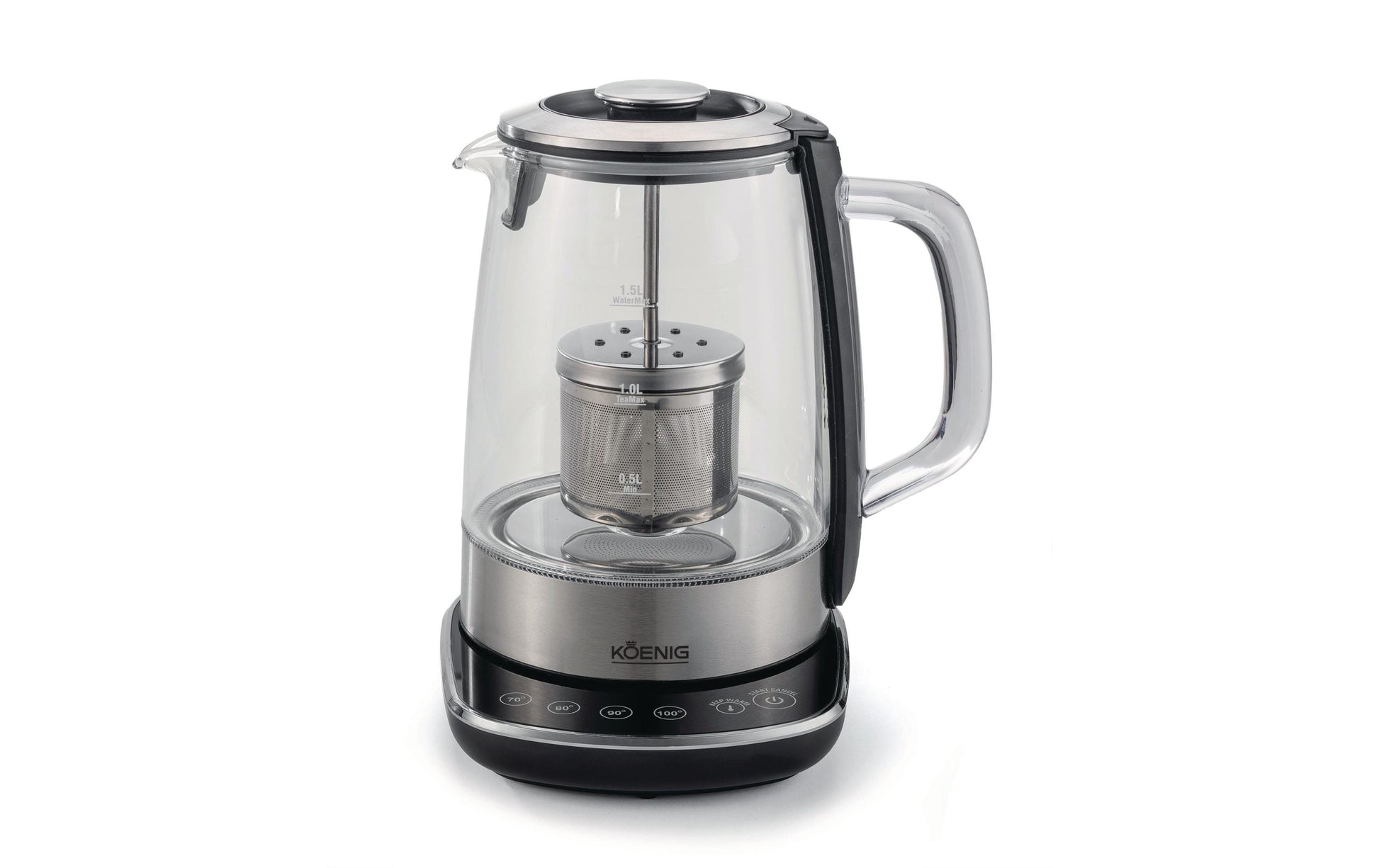 KOENIG B02118 – Tee- & Wasserkocher, 1,5 l, 4 Temperaturstufen, 2200 W, Glas/Edelstahl, Silber