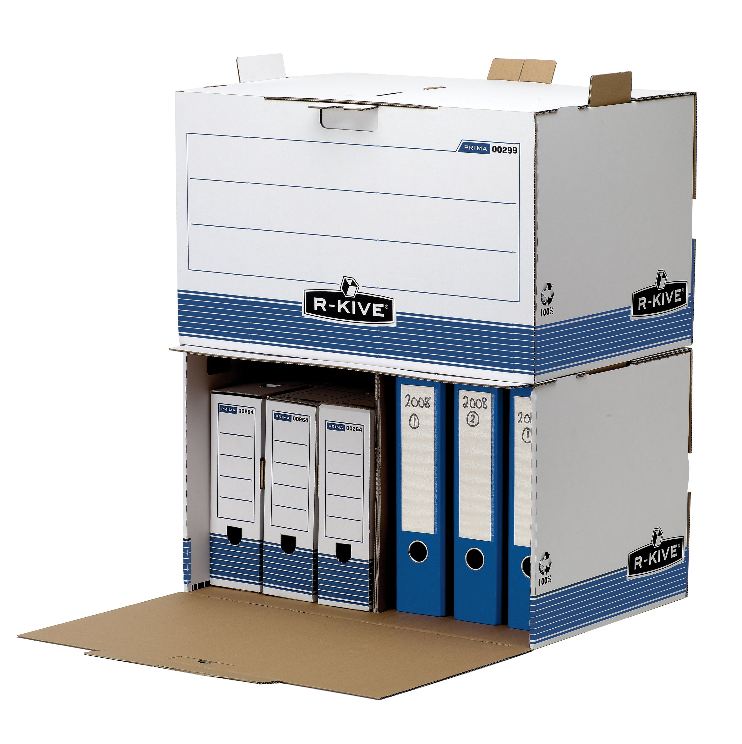 Fellowes Archivschachtel – für A4, B 540 × H 335 × T 375 mm, Vorderseite aufklappbar, blau/weiss, 5 Stück