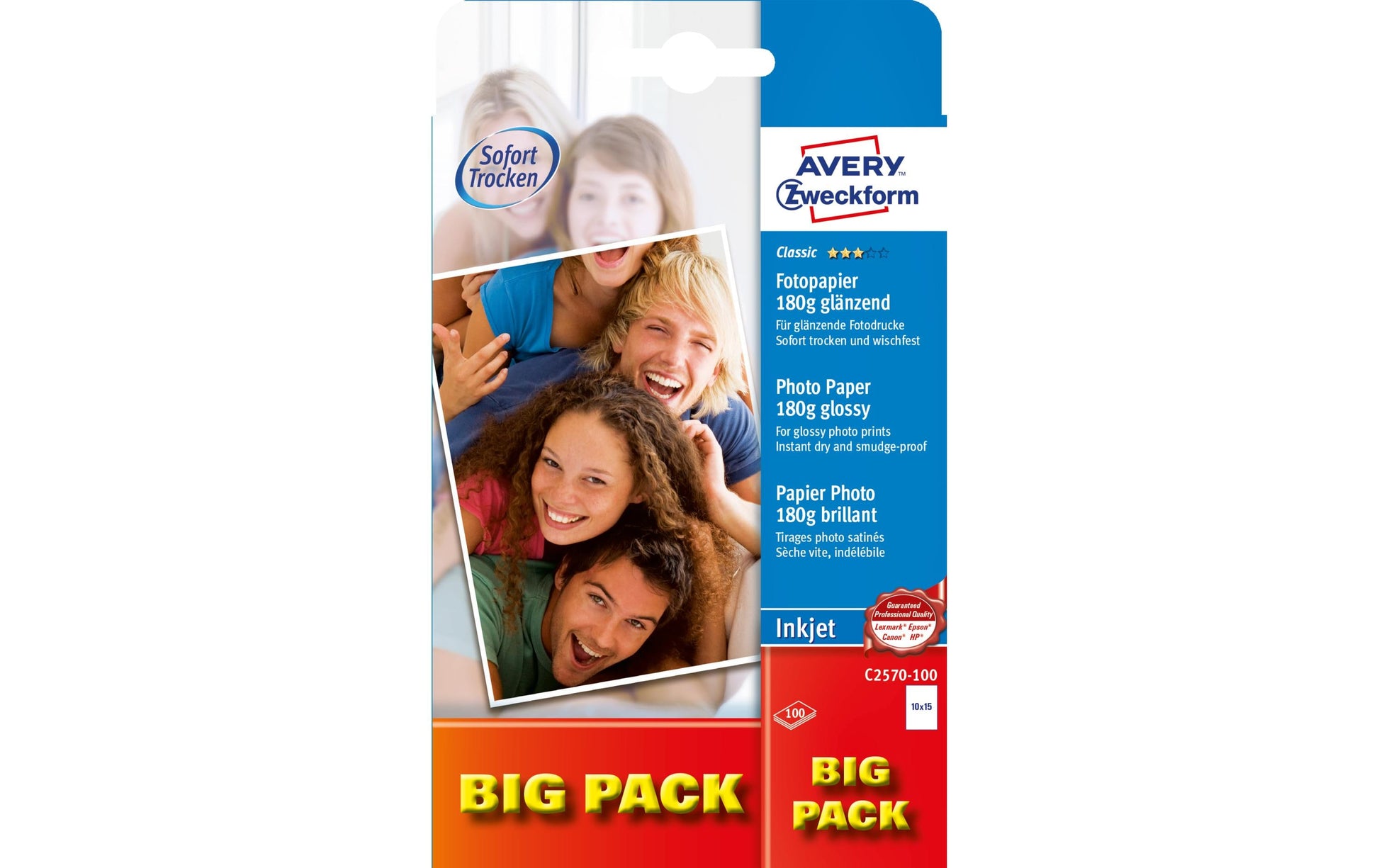 Avery Zweckform Classic Fotopapier – glänzend, 100 × 150 mm, 180 g/m², 100 Blatt – für Inkjetdrucker