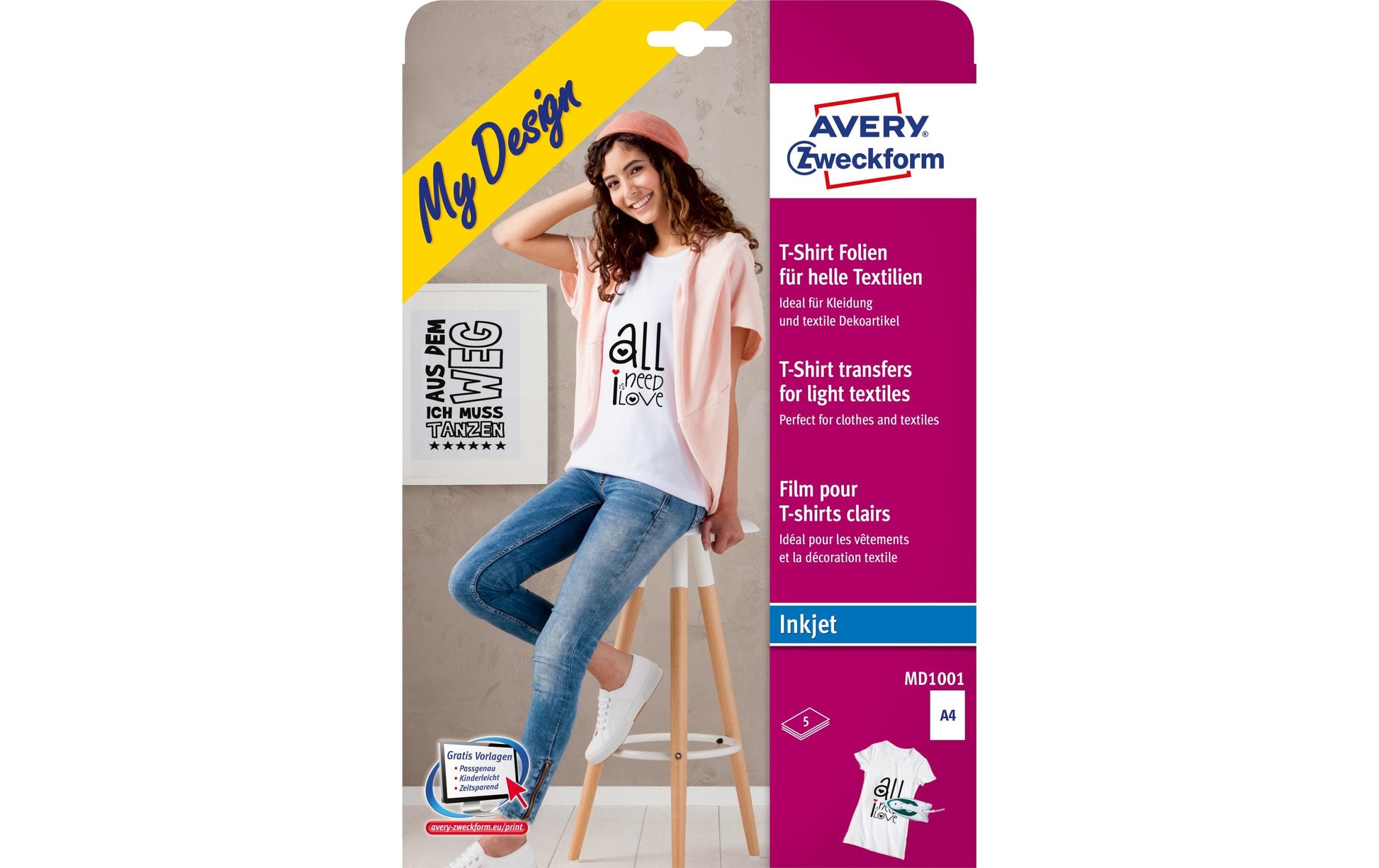Avery Zweckform Bügelfolie – für Inkjetdrucker, für helle Textilien, A4, waschbar bis 30 °C, 5 Blatt