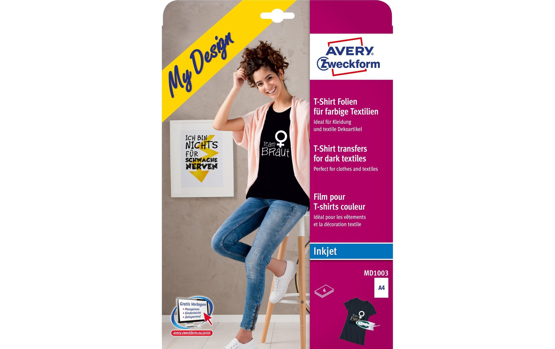 Avery Zweckform Transferpapier – für Inkjetdrucker, für dunkle Textilien, A4, waschbar bis 30 °C, 4 Blatt
