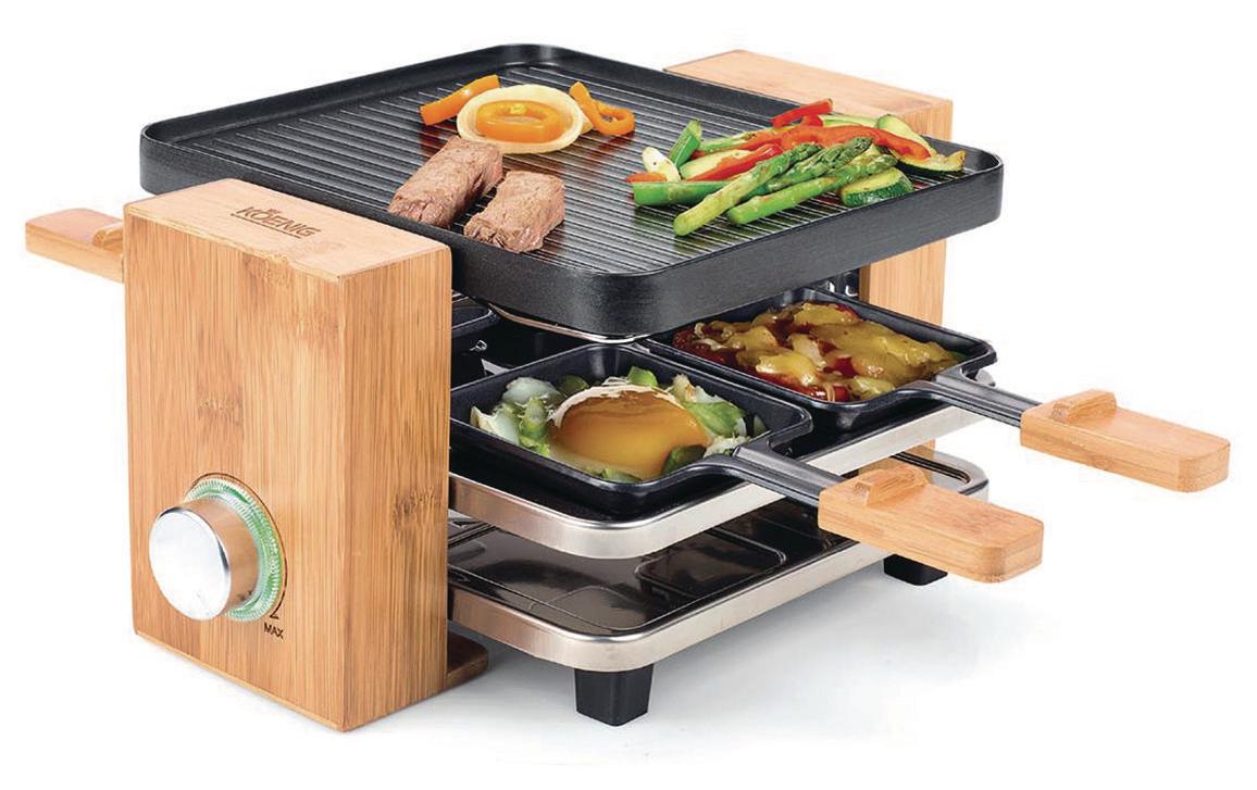 Koenig Raclette-Grill B02167 – 4 Personen, 21 × 23 cm Grillfläche, 700 W, Aluminium-Grillplatte – Schwarz
