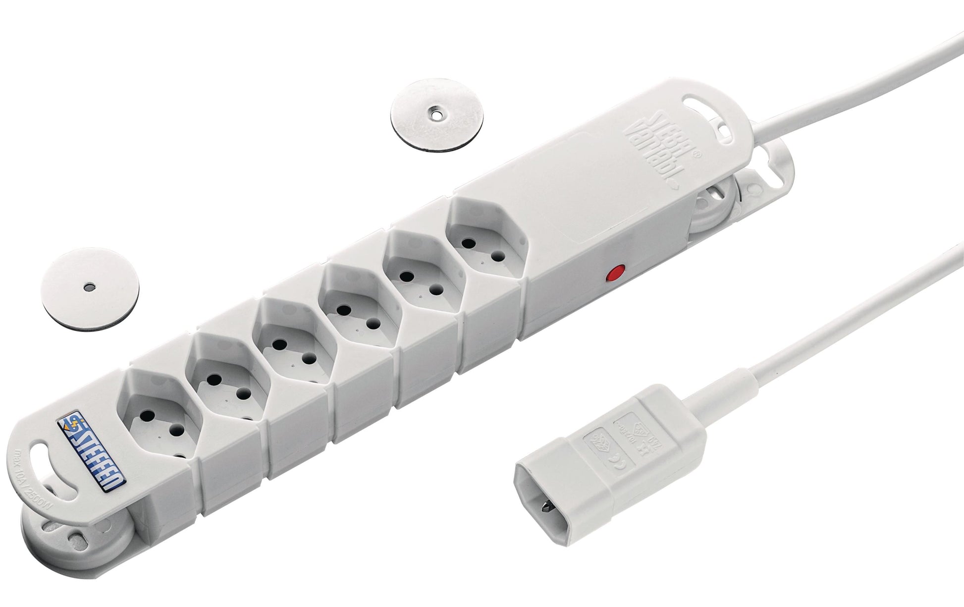 Steffen STEBA VARIABL Steckdosenleiste, 6×T13, ohne Schalter, 3 m, Magnet, Kinderschutz, Eingang C14 – weiss