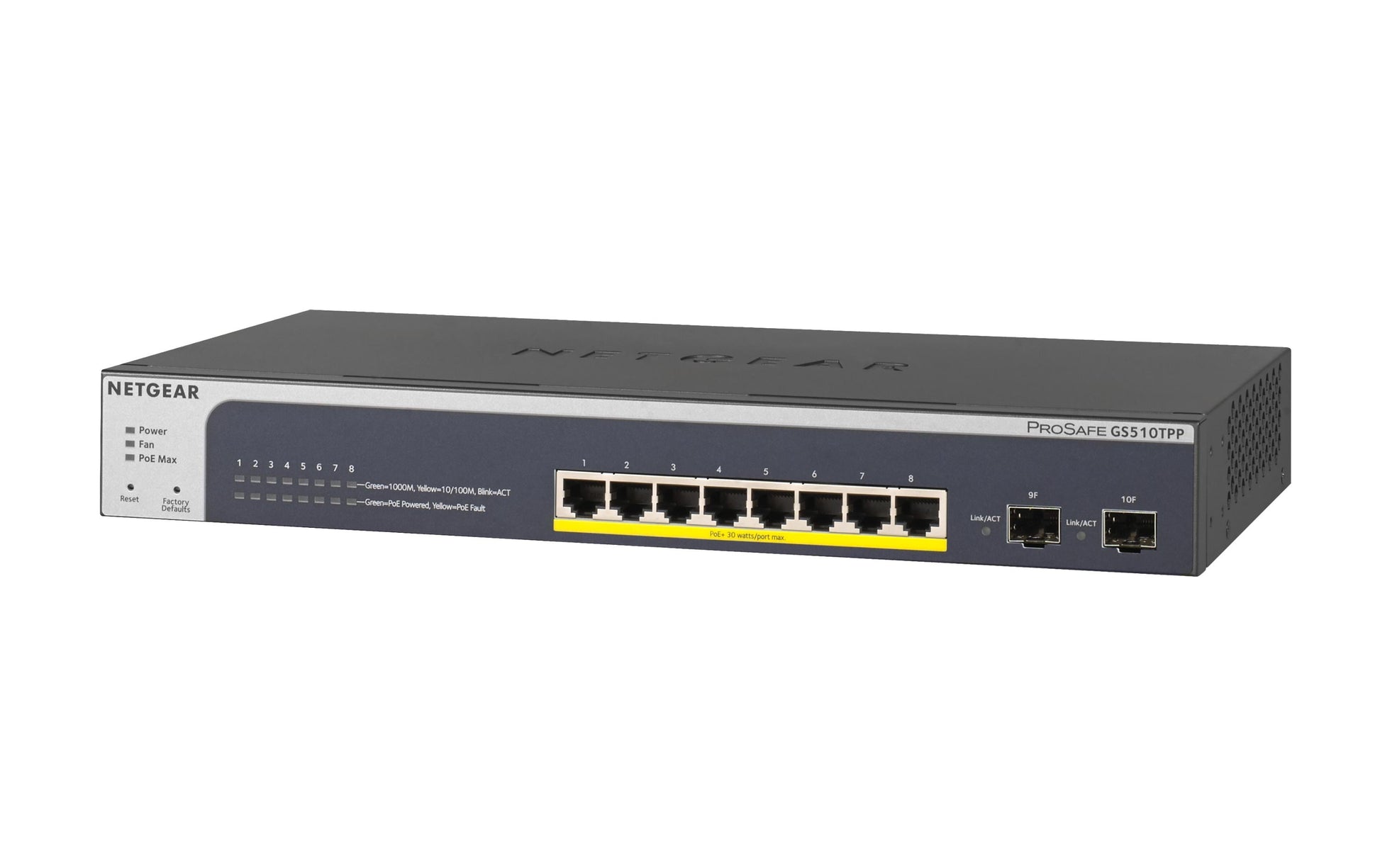 NETGEAR GS510TPP – Managed L2/L3/L4 Switch – 8× 1G, 2× SFP, PoE+, PoE-Budget 190 W, 19"