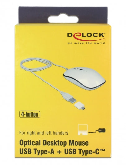 DeLOCK 12532 Maus – kabelgebunden, USB-C, 4 Tasten, beidhändig, umschaltbare DPI, Weiss/Anthrazit
