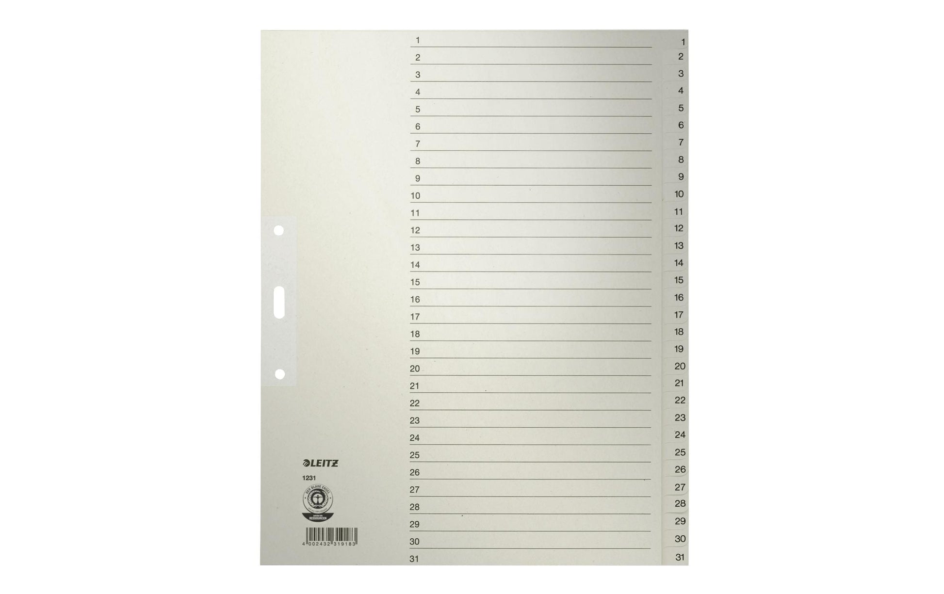 Leitz Register A4 – nummeriert 1–31, 31 Taben, graues Papier, lochverstärktes erstes Blatt