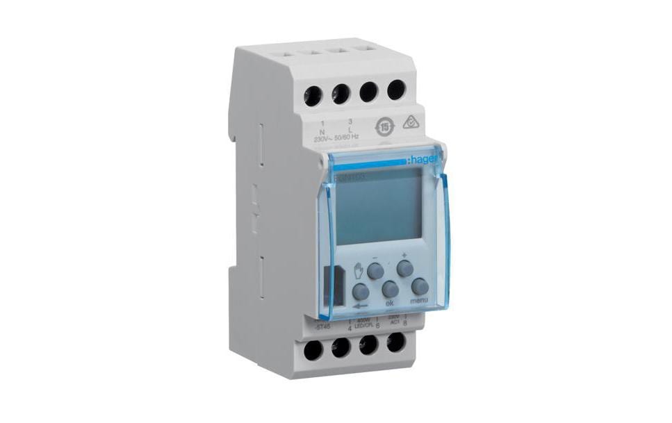 Hager Zeitschaltuhr (DIN-Schiene) – Digital, Wochen-Timer, 230 V, 16 A, IP20, 56 Schaltpunkte, Grau – EGN103