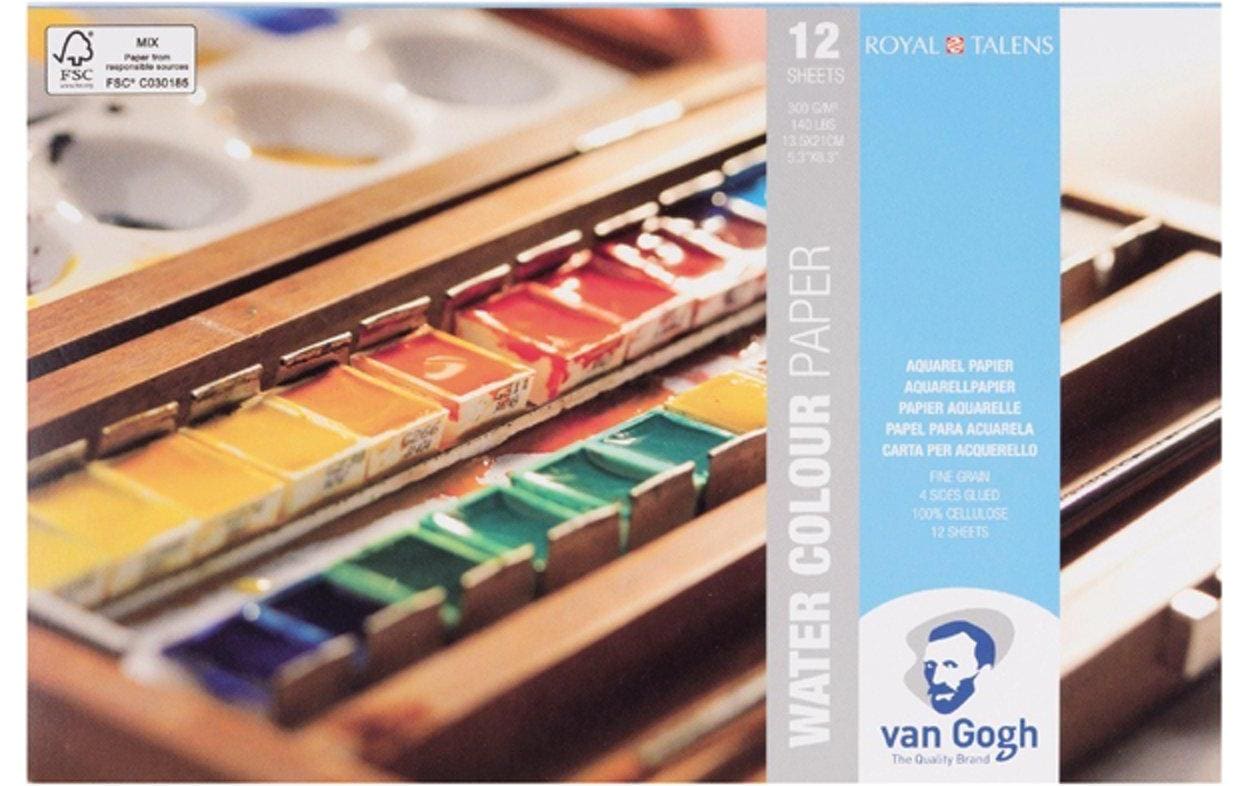 Van Gogh Aquarellblock – 13,5 × 21 cm – 300 g/m² – 4-seitig geleimt – 12 Blatt, weiss, kaltgepresst