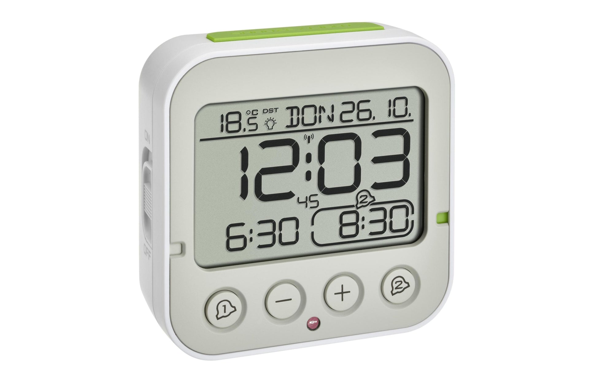 TFA-Dostmann Wecker BINGO 2.0 Funk – digital – 9,5 × 9,6 × 4,1 cm, weiss, Kunststoff, Thermometer, Datum