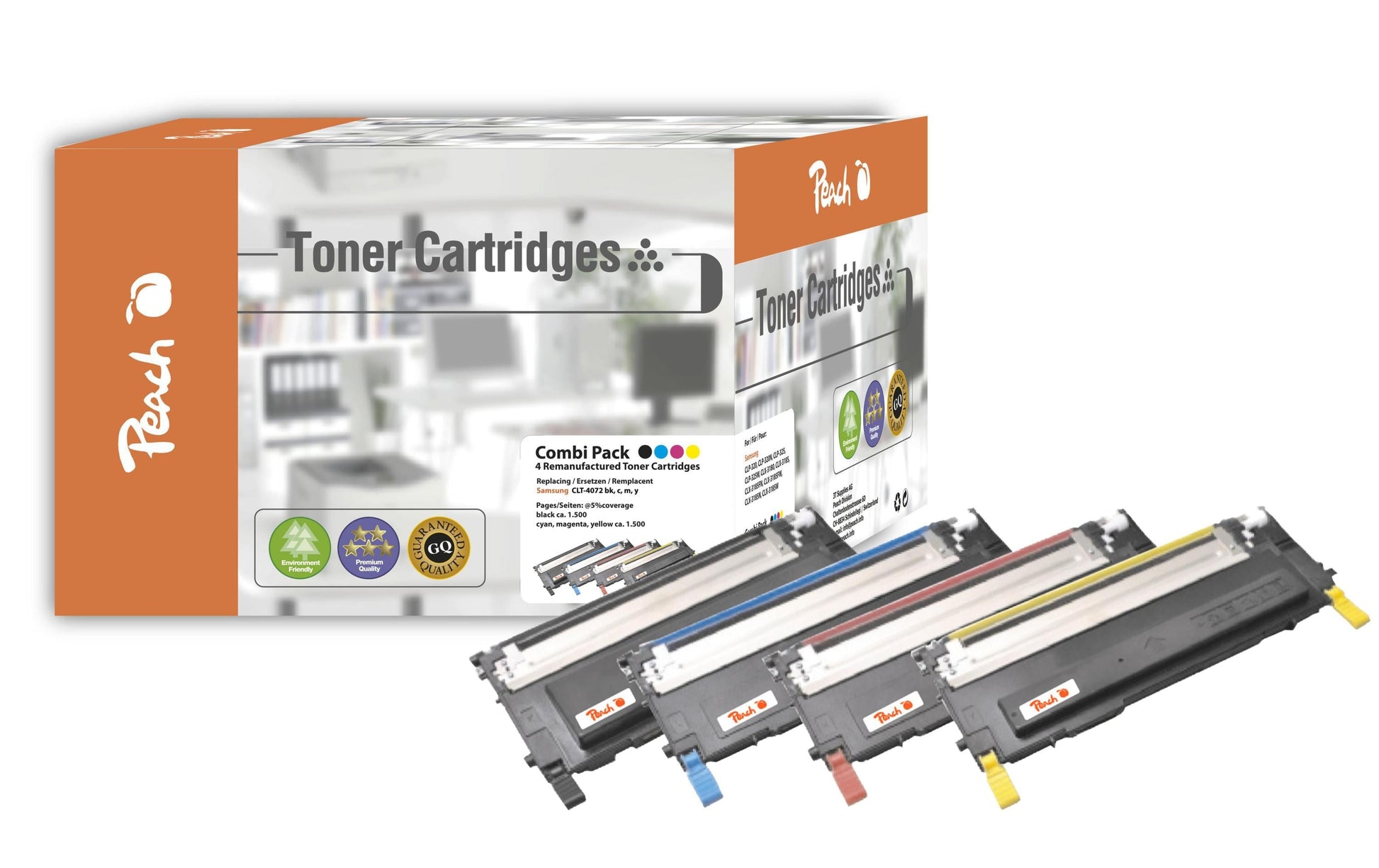 Peach Toner-Multipack – BK/C/M/Y, BK 1500, C/M/Y 1000 Seiten – für Samsung CLP-320/CLP-325/CLX-3185 und andere