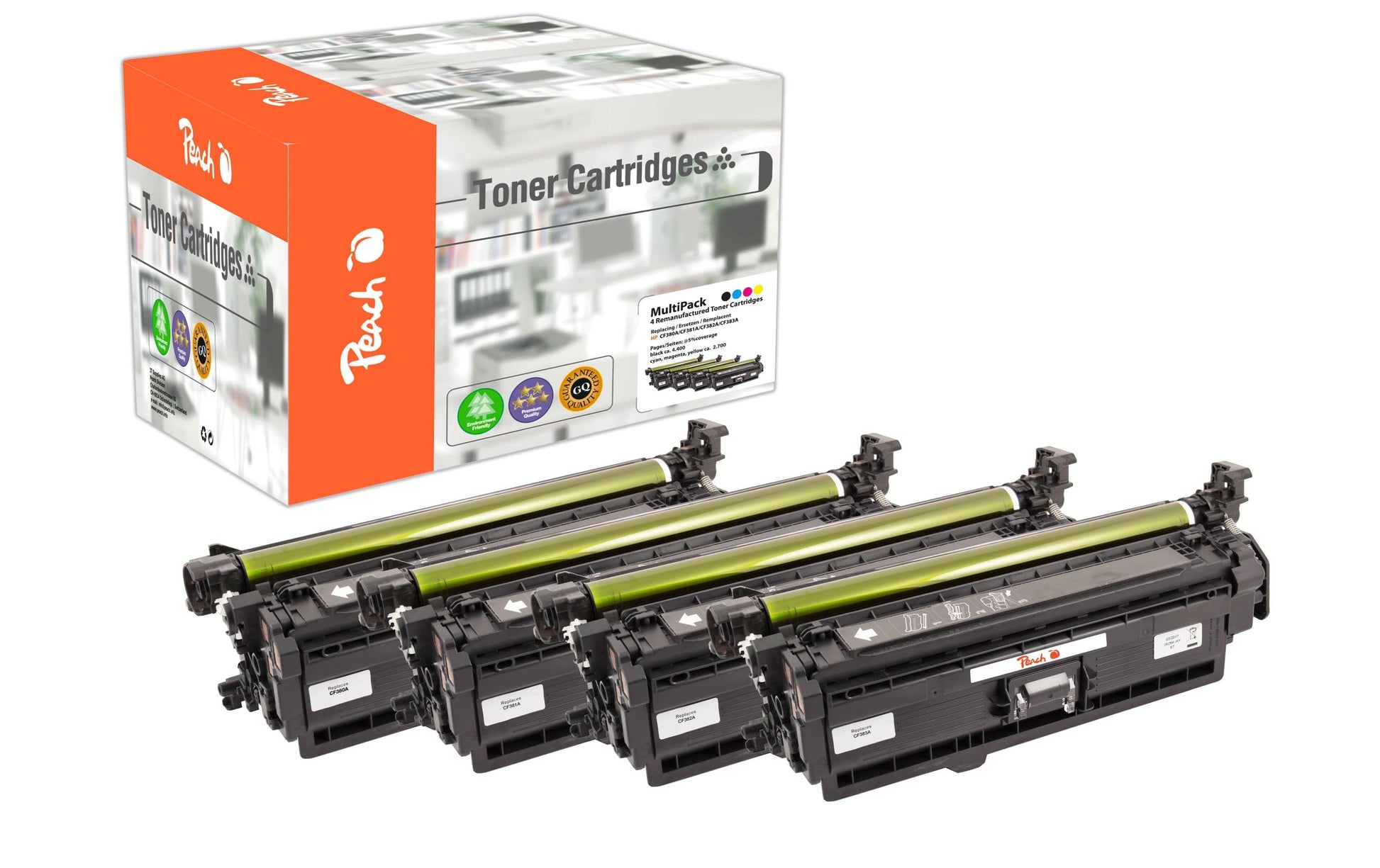 Peach Toner-Multipack CF38A – BK/C/M/Y, schwarz 4400, C/M/Y 2700 Seiten – für HP M470, M476dn/dw und andere