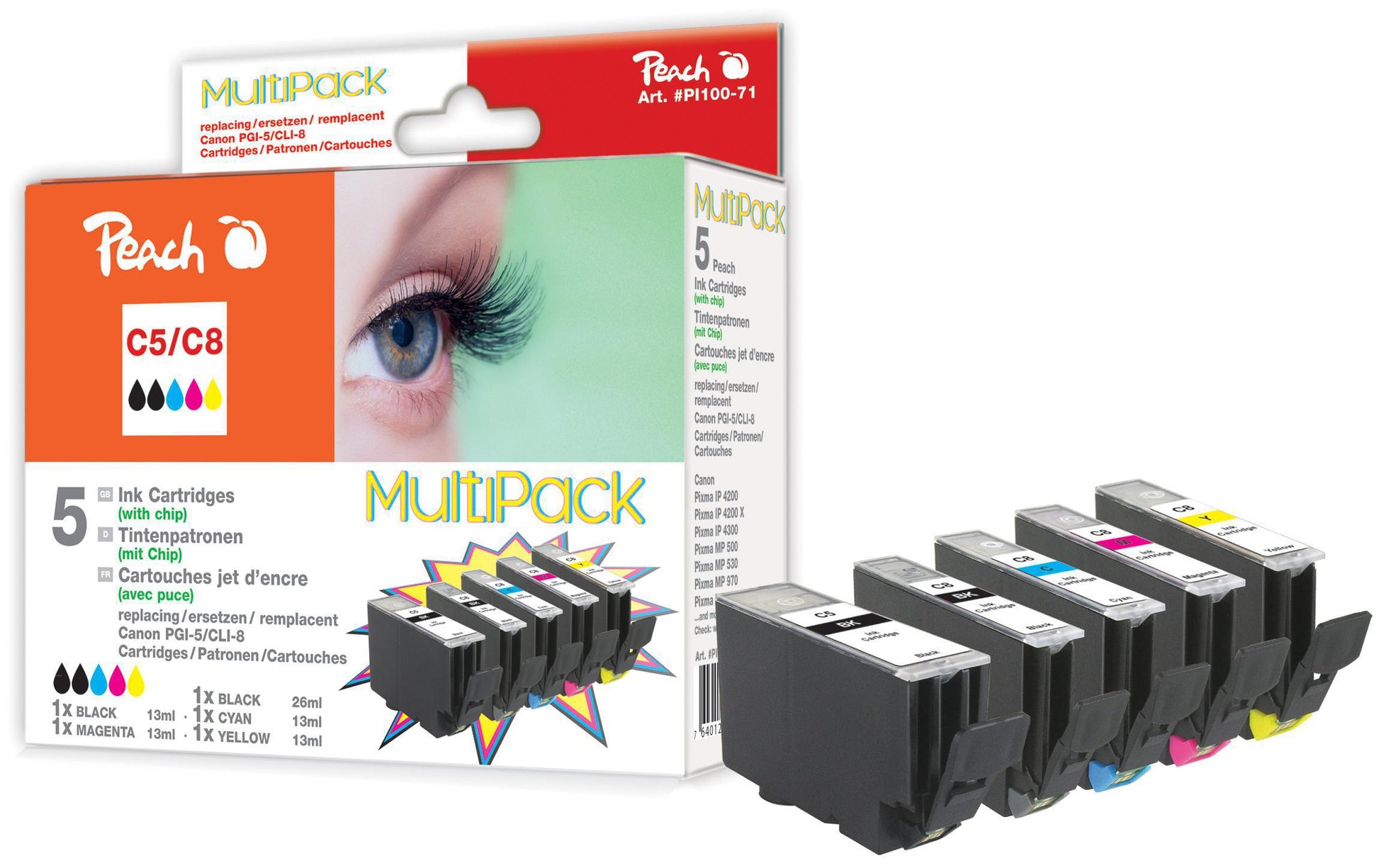 Peach Tintenpatronen-Multipack, Schwarz/Cyan/Magenta/Gelb (Kompatibel) – für Canon Pixma IP 4200/5200/5300 …